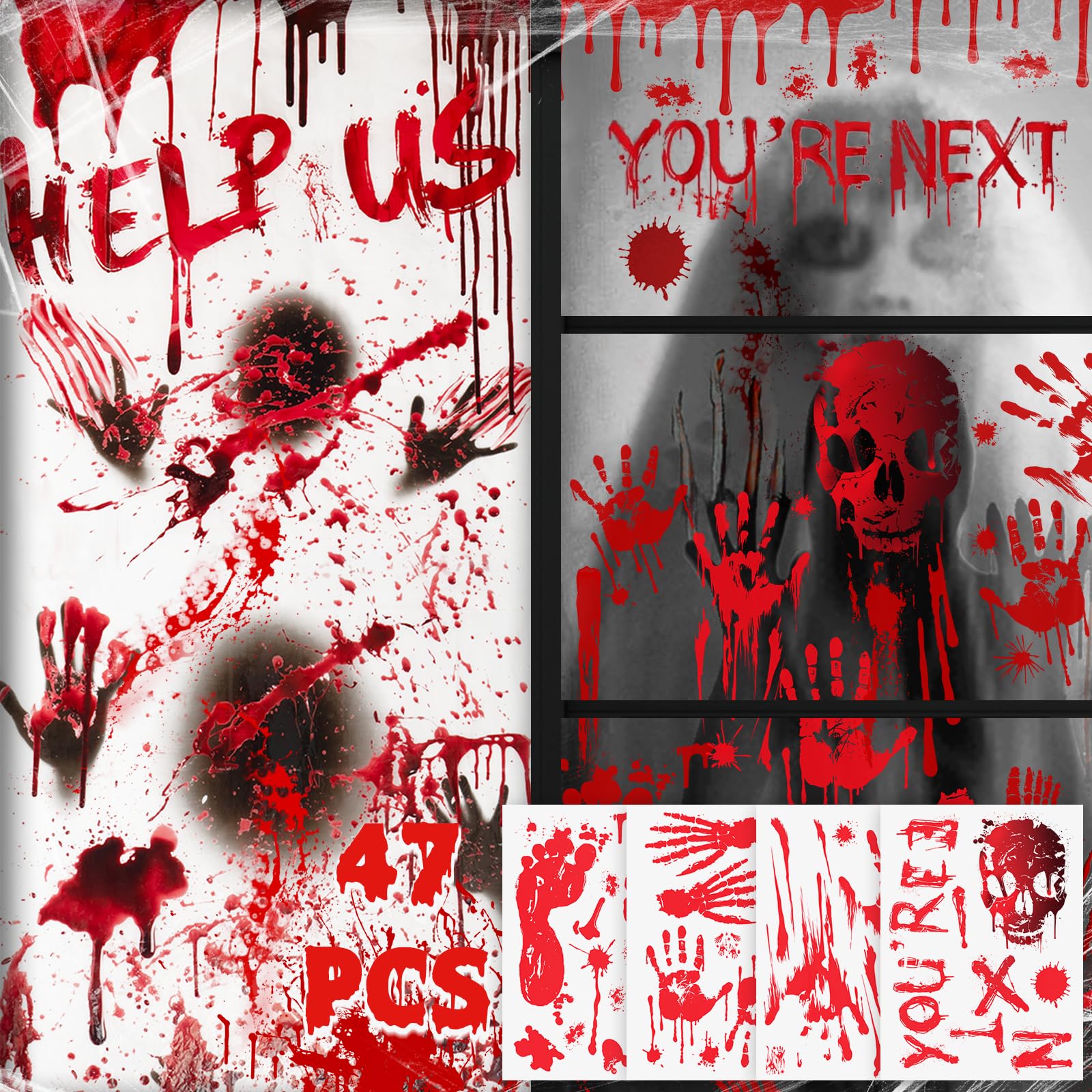 Halloween Decorations Window Stickers Large Front Door Decorations Indoor, Halloween Window Decorations Scary Blood Handprints Footprints Outdoor Wall Decor, Halloween Party Decoration Accessories