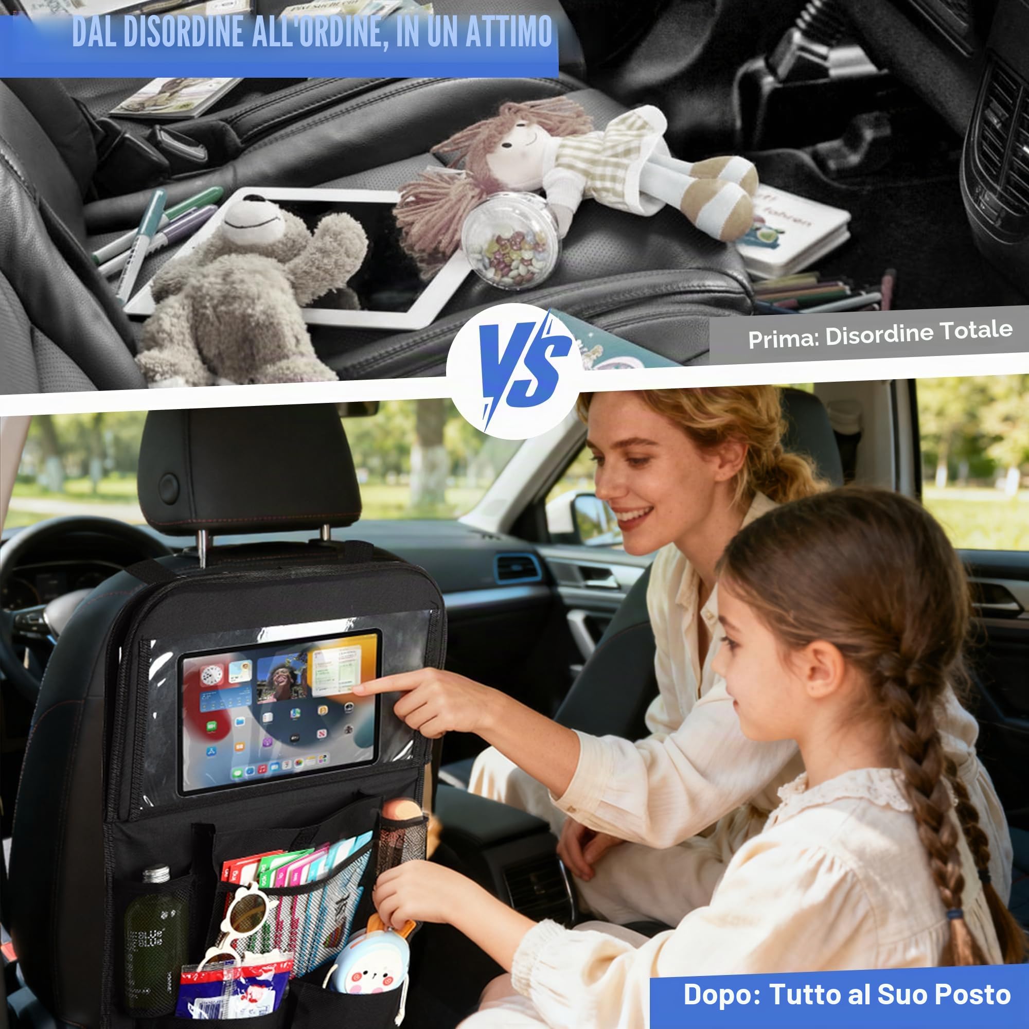 Organizer Auto 2 Pezzi, Nero con Vassoio Pieghevole, 10 Tasche, Porta Tablet da Auto | Protezione Sedile Auto Bambini Posteriore Universale (2)