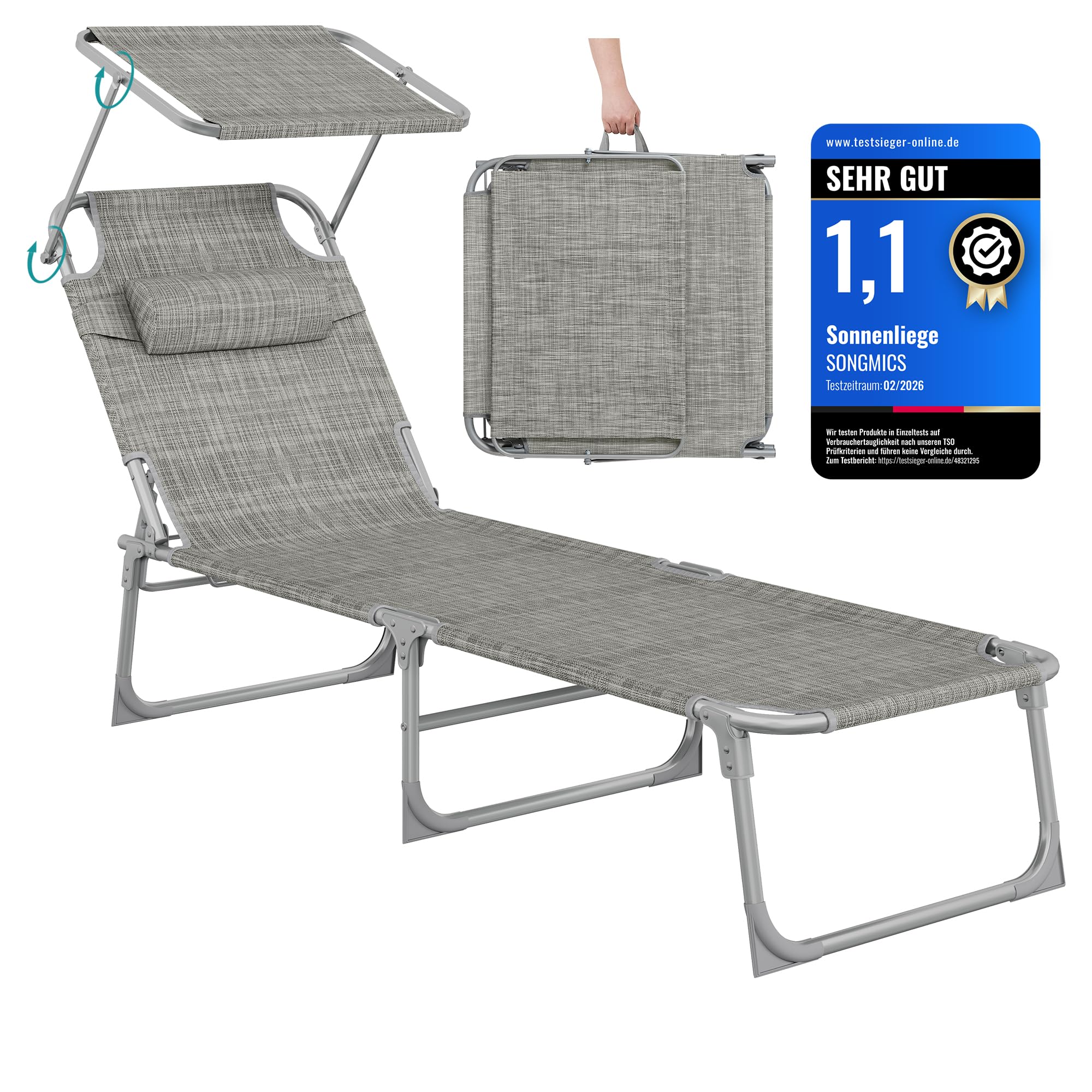 SONGMICS Sonnenliege, klappbarer Liegestuhl, 193 x 53 x 29 cm, trägt bis zu 150 kg, Sonnenschutz, Kopfkissen, verstellbare Rückenlehne, für Garten, Pool, Terrasse, grau meliert GCB19T