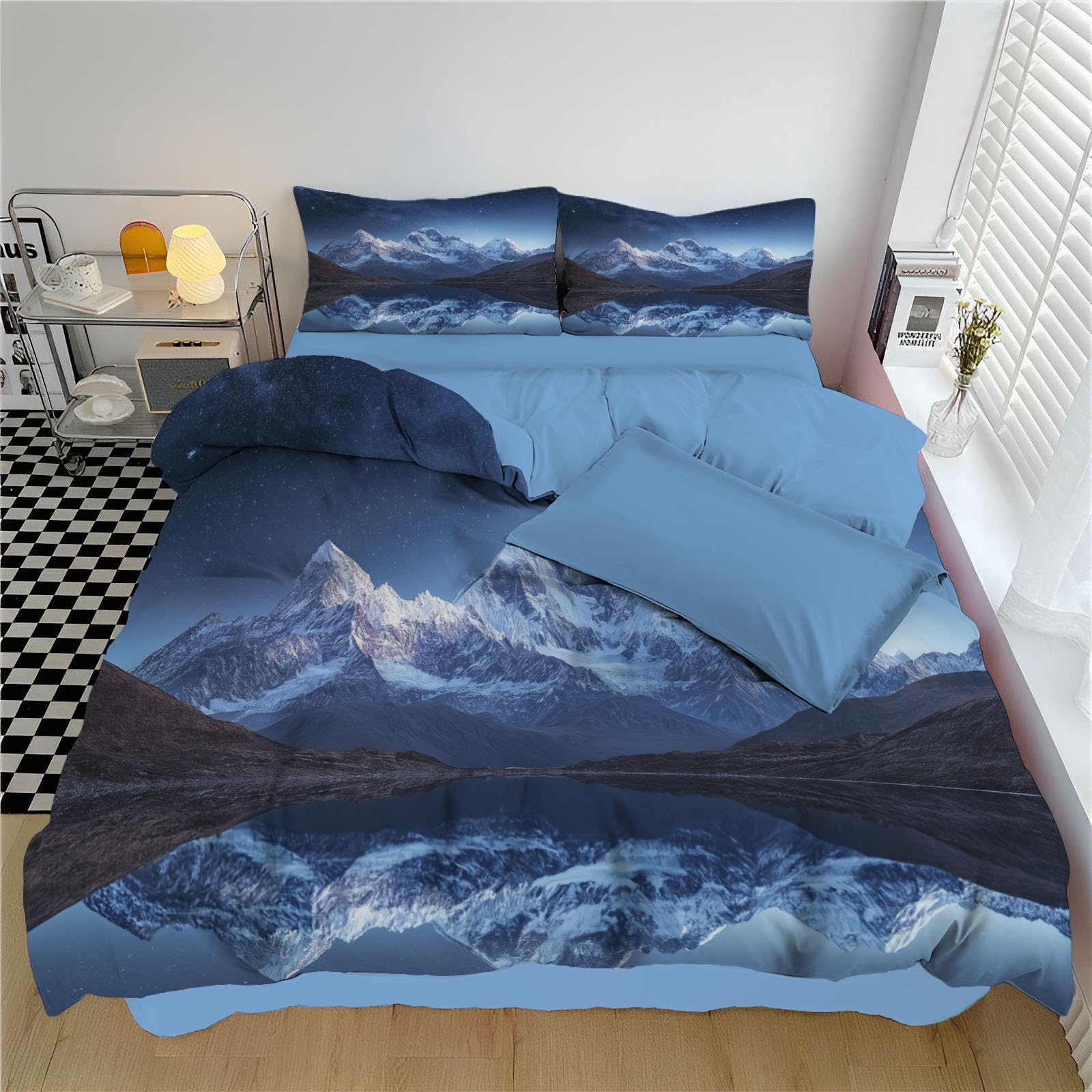 Housse de couette 220x240 lacs alpins parure de lit grand lit imprimé montagne