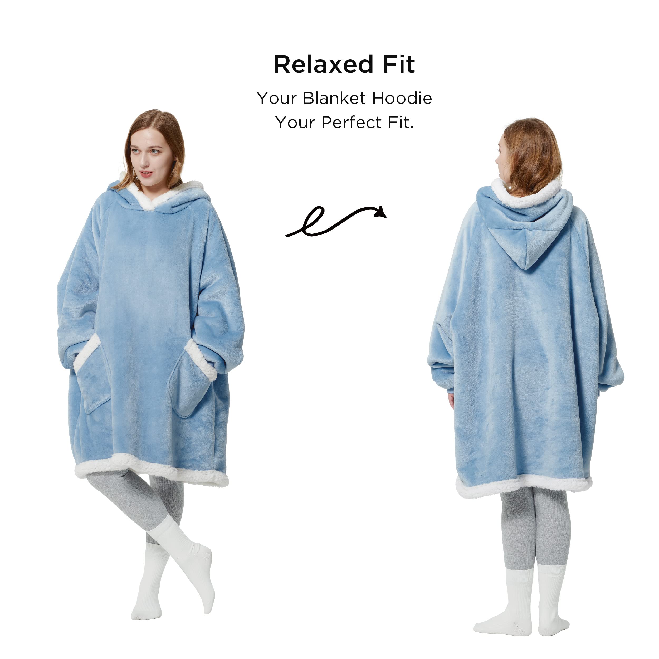 Bedsure Wearable Blanket Hoodie Women - Sherpa Fleece Hooded Blanket for Women, Warm & Fashionable Blanket Sweatshirt with Giant Pocket, Christmas Gifts for for Women (Small, Blue)