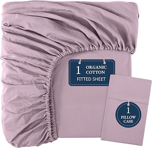 Juego de 2 piezas con sábana bajera 100% algodón orgánico en tamaño individual y 1 funda de almohada, con tejido de percal de algodón ultra suave,