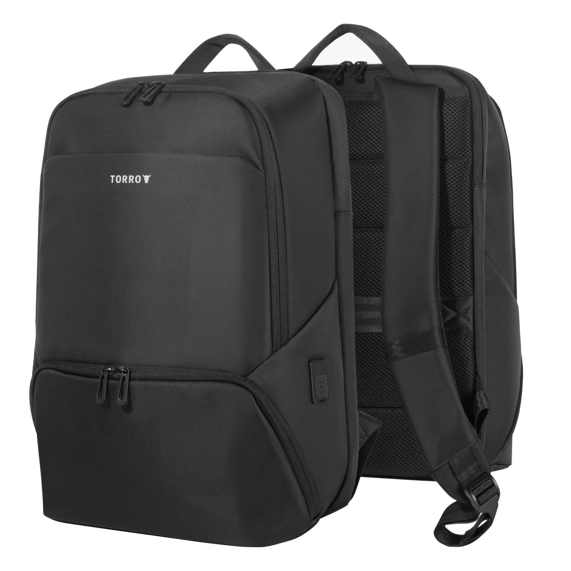 TORRO Plecak biznesowy na laptopa do pracy i podróży, wodoodporny 17,5 l dla kobiet i mężczyzn z portem USB, przegrodą na laptopa 16 cali i pasem na walizkę (Czarny)