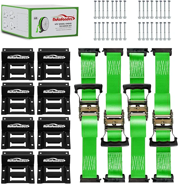 Autofonder Wheel Chock Tie Down Kit (4,500lb Break Strength) Heavy Duty Trailer Tire Straps System for ATV, UTV, Lawn Mower & More - Ratchet Tie Downs Accessories with E Track for Four Wheeler Green