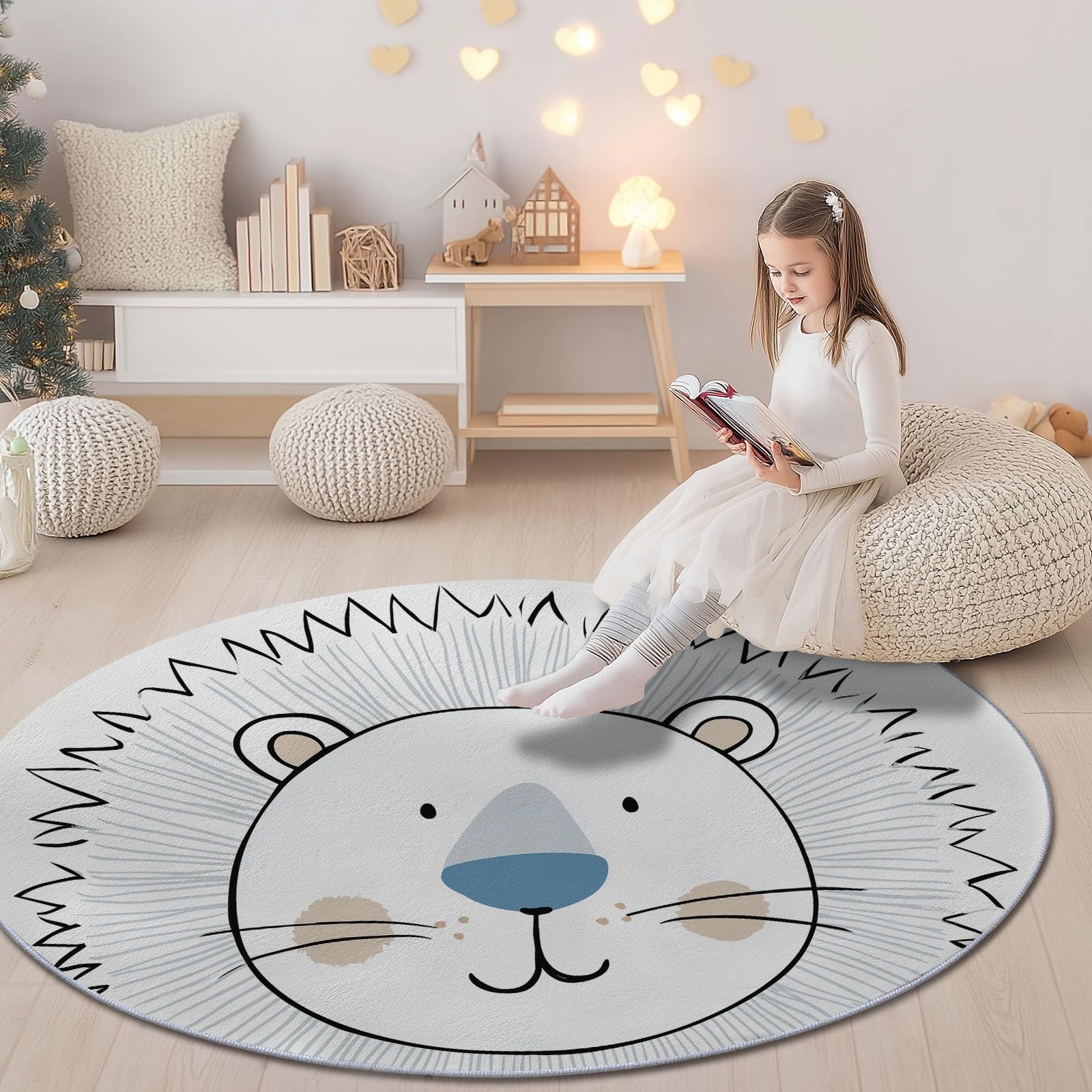 Tapis Rond Salon 120 cm Dessin Animé Lion Dessin Au Trait Animal Tapis De Sol Décoration Antidérapant pour Salon Chambre Cuisine Balcon Terrasse Salle À Manger Intérieur, Blanc