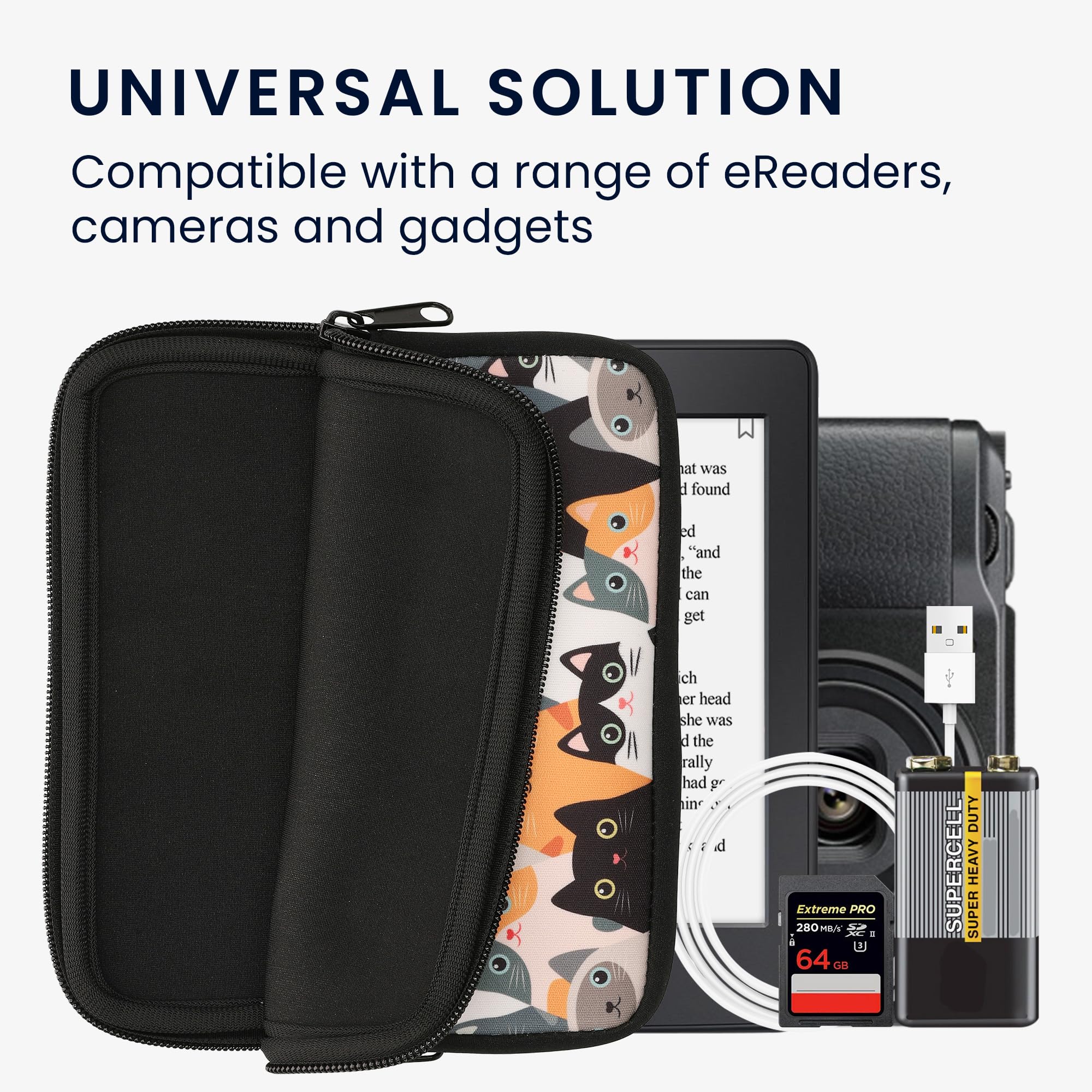 Kwmobile Funda Universal Para E-Book - Estuche De Neopreno Con Cierre De Cremallera Para E-Reader - Carcasa En Blanco/Negro