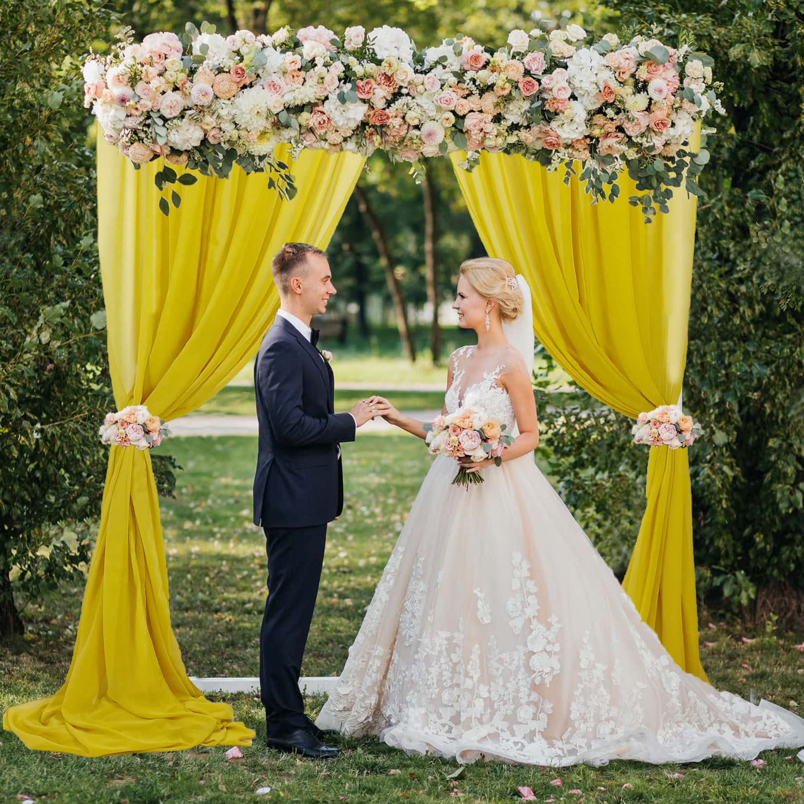 FUHSYChiffon Backdrop Curtain Gold Sheer Curtains 29x120 Inches 2 Panels Chiffon Drapes for Backdrop Chiffon Fabric Wedding Drapes Voile Curtain Rods Chiffon Bridal Photography Backdrop for Birthday Party