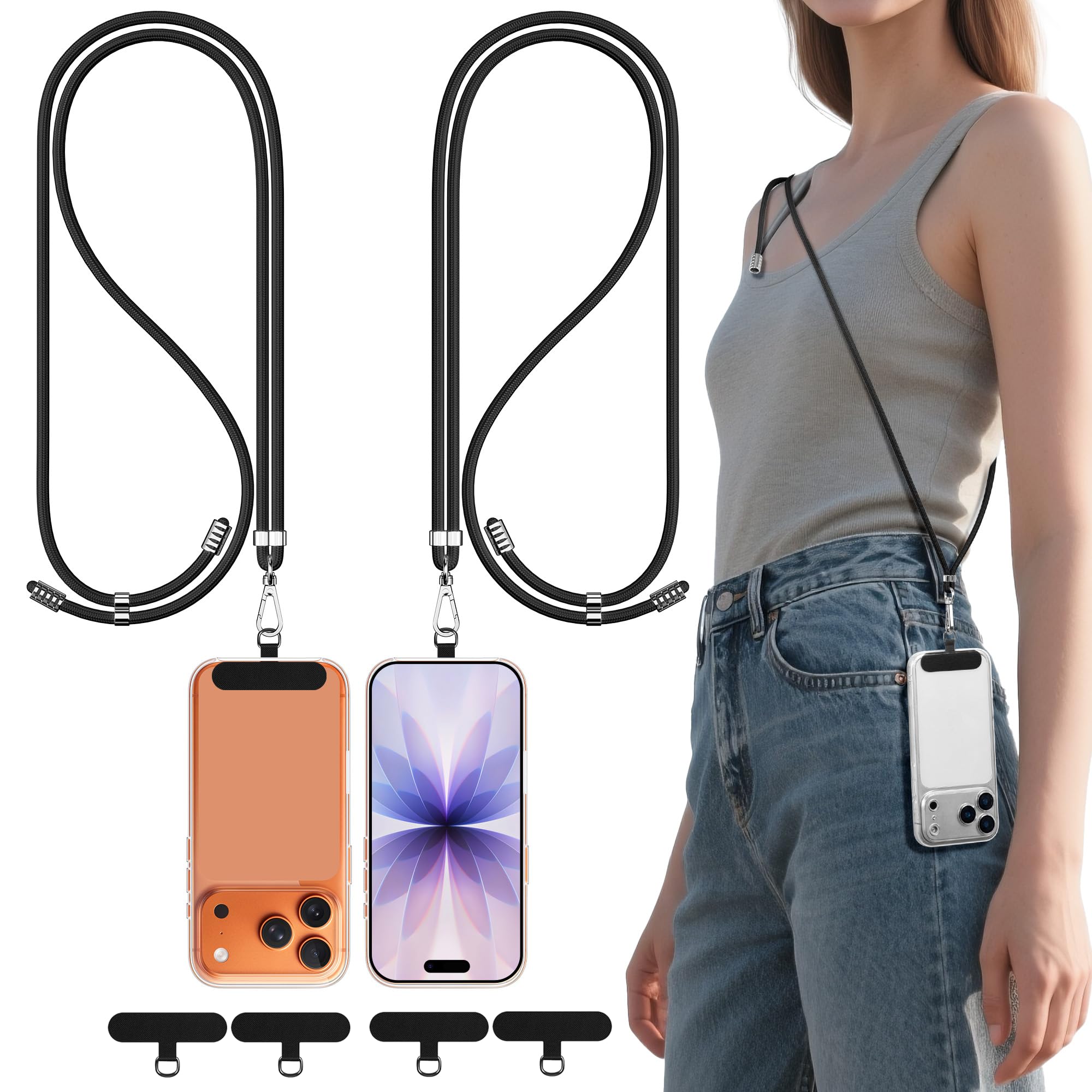 DESELL 2 Stück Handyband Zum Umhängen,Nylon handykette universal zum Umhängen kompatibel mit Alle Smartphones,Verstellbar Handy Umhängeband, und 2 Stück Handy Bänd Patch