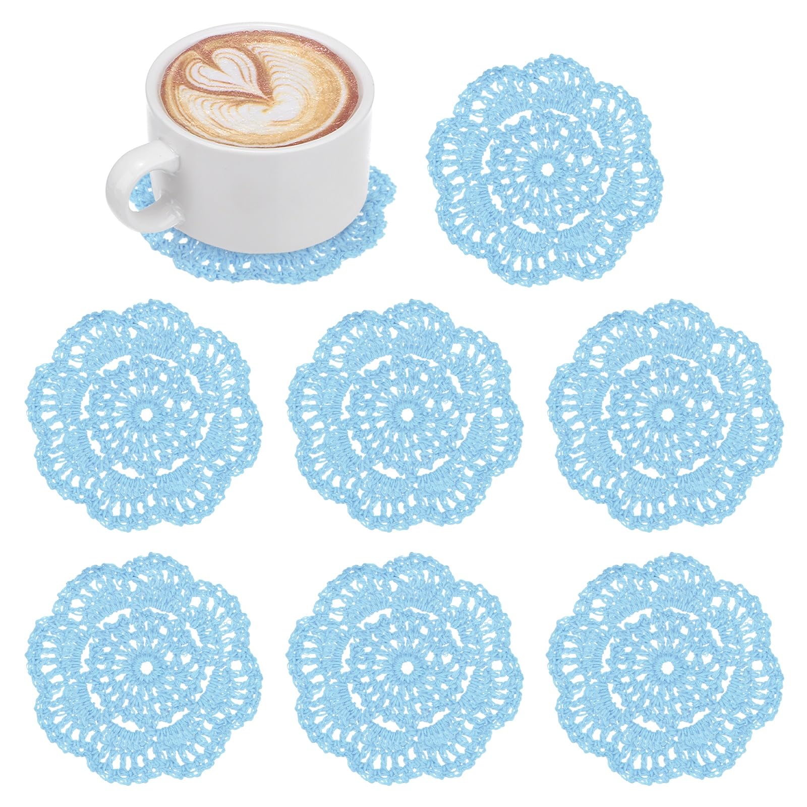 M METERXITY 8-Pack Handmade Crochet Coasters, 4Inch/10cm Round Cotton Placemats for Table/Cup/Bowl/Vase/Tea Trays/Home Decoration, Lace Doilies Place Mats [Light Blue]