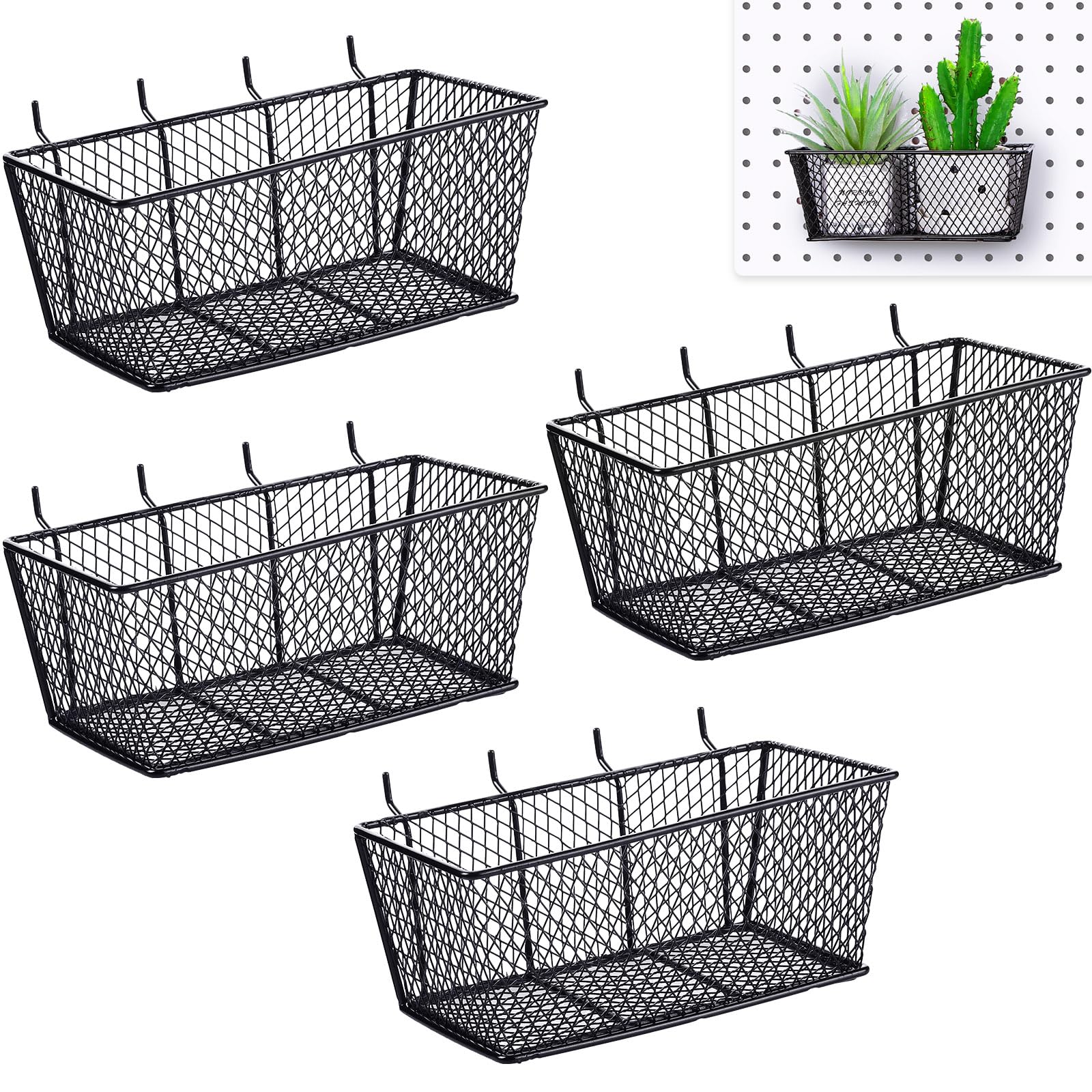 Sieral 4 Pcs Pegboard Baskets Metal Wire Shelf Baskets Peg Board Organizer Accessories Wall Mount Organizer Attachments for Garage Workbench Various Tool Accessories, 2 Sizes (Black,Large)