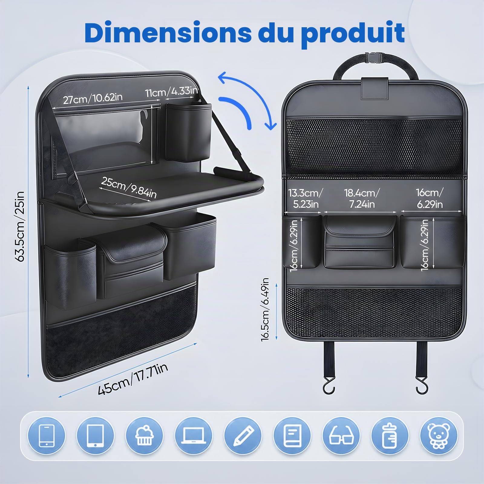 Organiseur de Siège Arrière de Voiture pour Enfants avec Table Pliante et Support de Tablette, Protection de Dossier de Siège Auto, 8 Compartiments, Noir