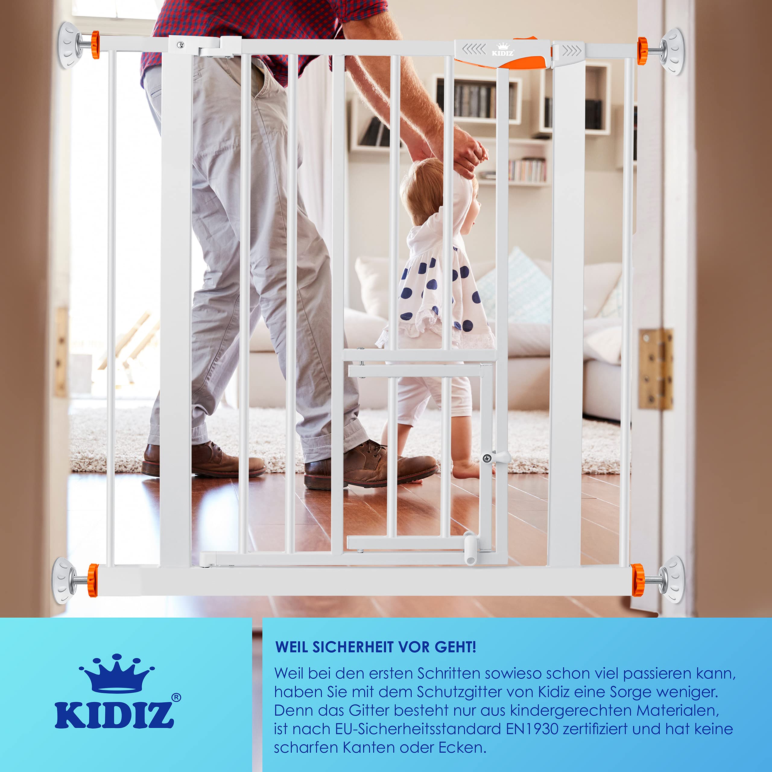 KIDIZ® Cancelli di sicurezza, cancelli, cancelli per scale, cancelli per bambini | con porta per cani e gatti, animali domestici | senza perforazione | espandibile | girevole |Blu81-94 cm