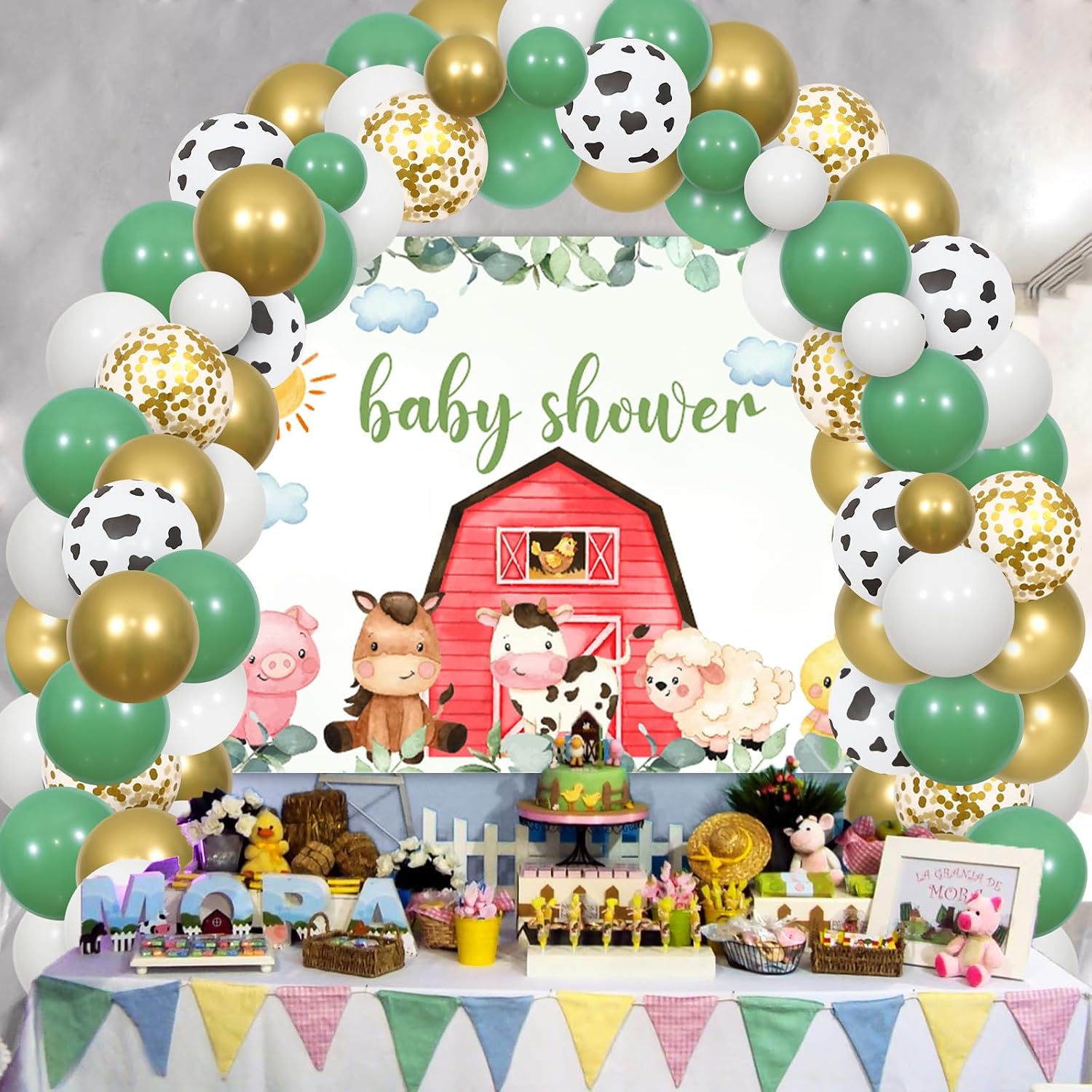 Sage Green Farm Animal Baby Shower Decorations - Farm Animals Balloon Garland Arch Kit with Backdrop for Farmhouse Theme Pregnancy Celebration Newborn Party Supplies