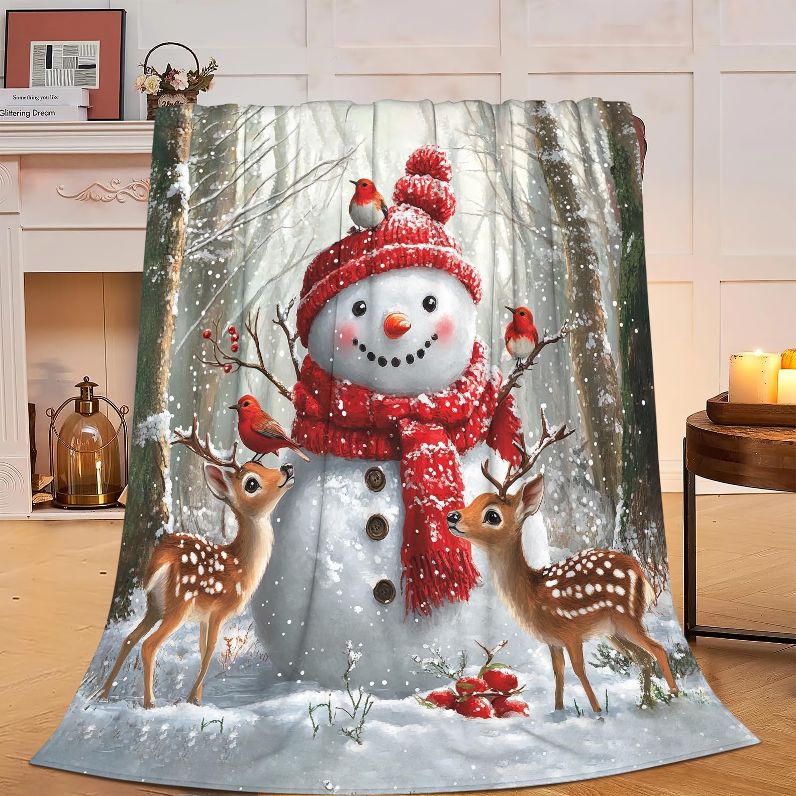 Snowman Blanket Soft Warm Winter Snowman Fleece Plush Throw Blanket Cozy Snowman Deer Fluffy Flannel Bedding Stuff Decor Blanket Gifts for Lover Girls