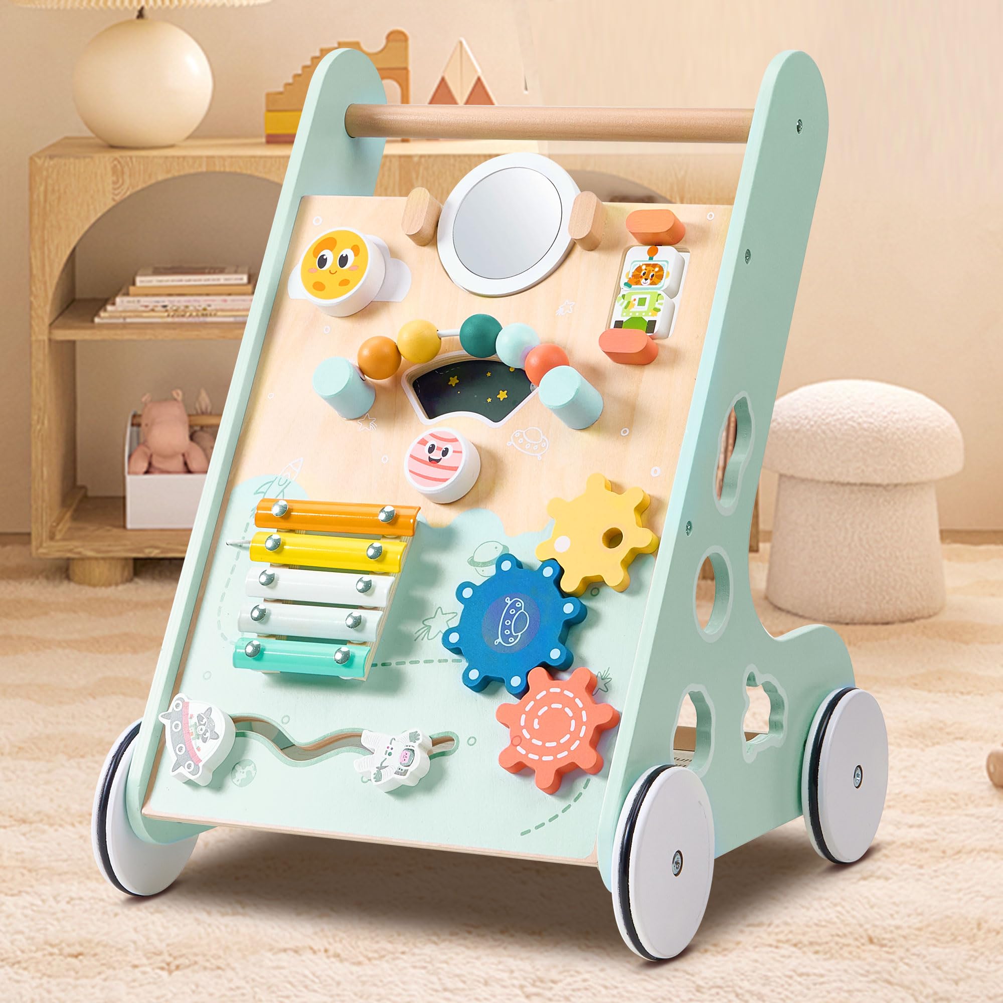 Wooden Baby Walker Push and Pull Learning Activity Walker, Baby Push Walker with Multiple Activities Center, Baby Walker for 1 Year Old Push Toy, Green