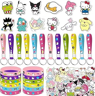 86pcs Kitty Birthday Party decorations Set Included 12 Bracelets, 12 Acrylic Pins, 12 Keychains, 50 Stickers, for Boys and Girls Cartoon Theme Party