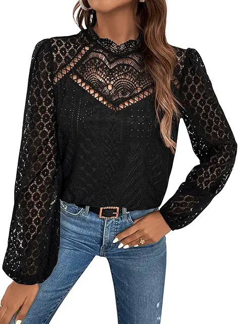 Women's Elegant Blouse with Stand-Up Collar, Lace Tunic, and Lantern Sleeves