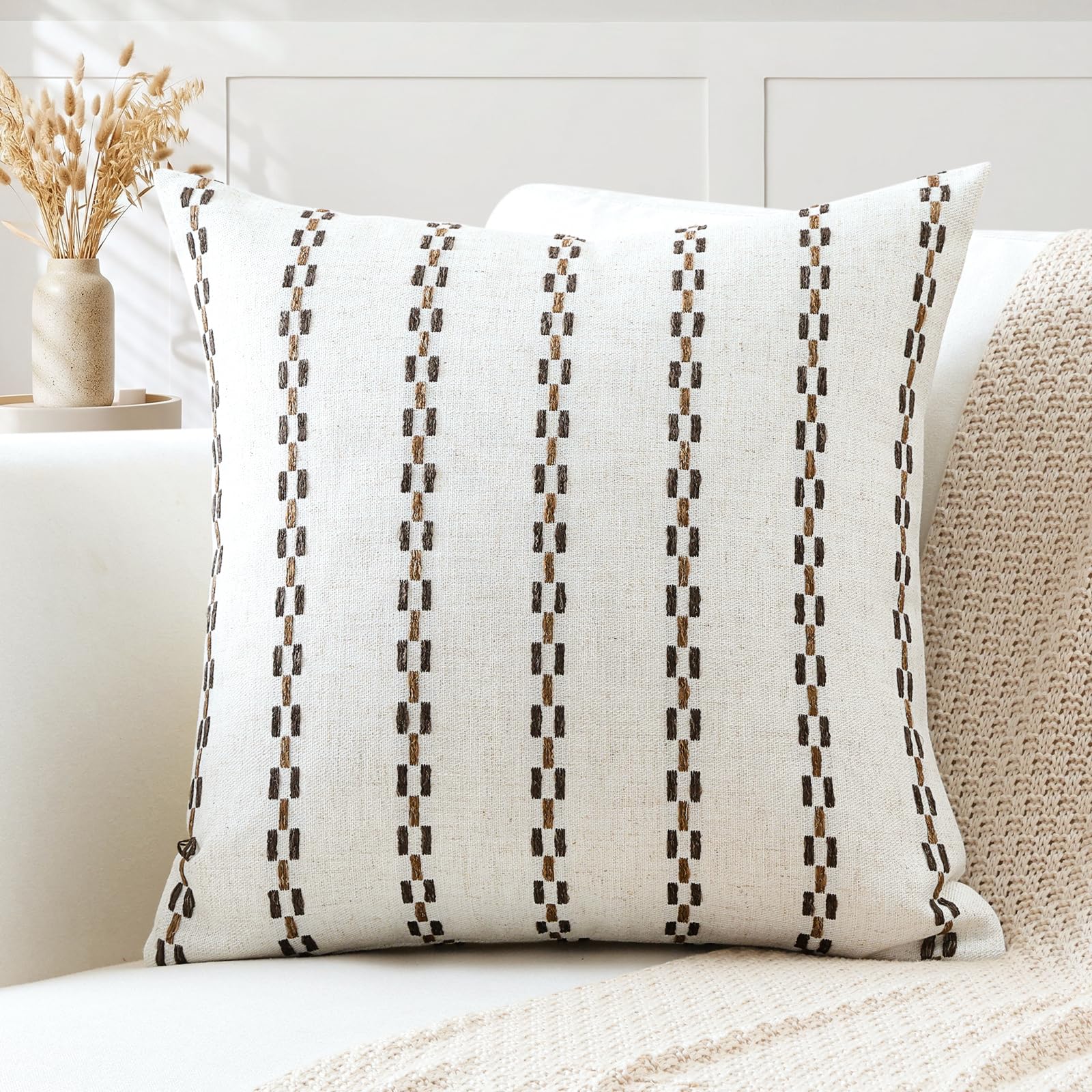 Artscope Pack of 1 Striped Geometric Cushion Cover 60x60cm Soft Square Pillowcase Decorative Farmhouse Accent Couch Throw Pillow Cover for Living Room Bedroom Dark Brown