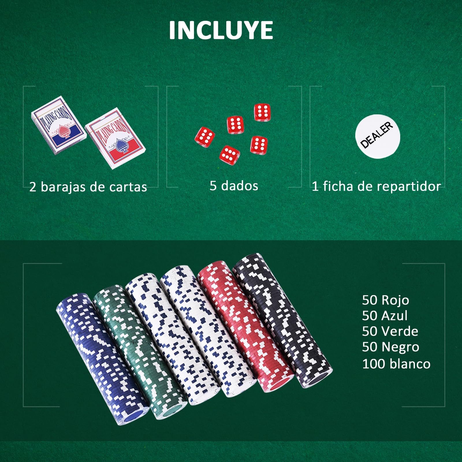 HOMCOM Maletín de Poker Profesional de Aluminio con 300 Fichas Juego Set de Poker Casino con 5 Dados 2 Barajas de Cartas y 1 Ficha de Crupier 38x20,5x6,5 cm Multicolor