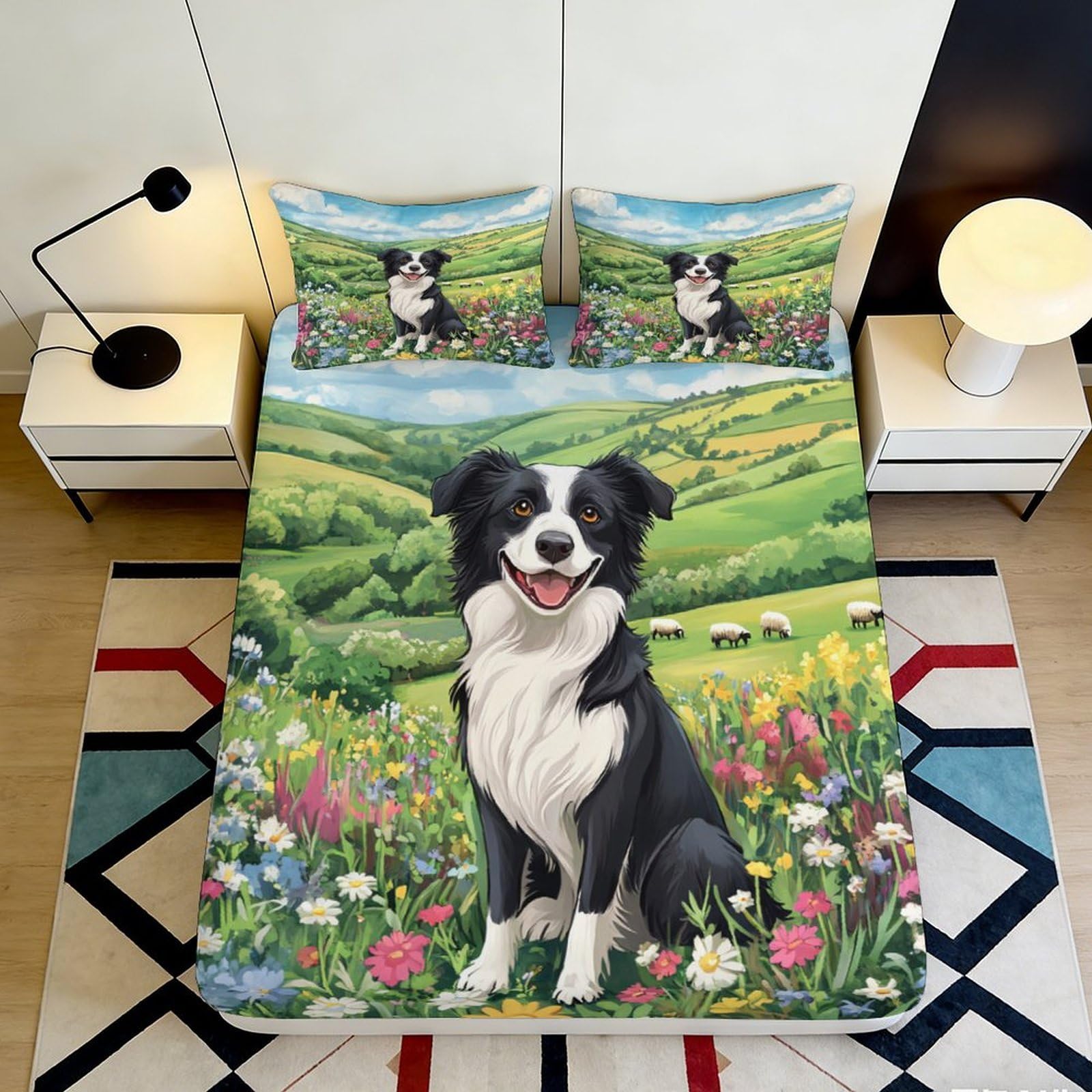 3D Printed Border Collie Meadow Fitted Sheet Microfiber Soft Colourful Landscape Bed Cover for Bedroom Guestroom Decor 90x200x25cm