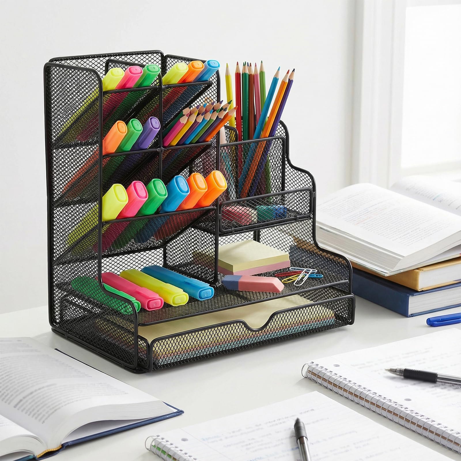 Organizer na biurko z 4 poziomami, 25,5 x 15 x 18,5 cm, czarny, półka na długopisy z metalu, akcesoria na biurko, siatka do domu, biura