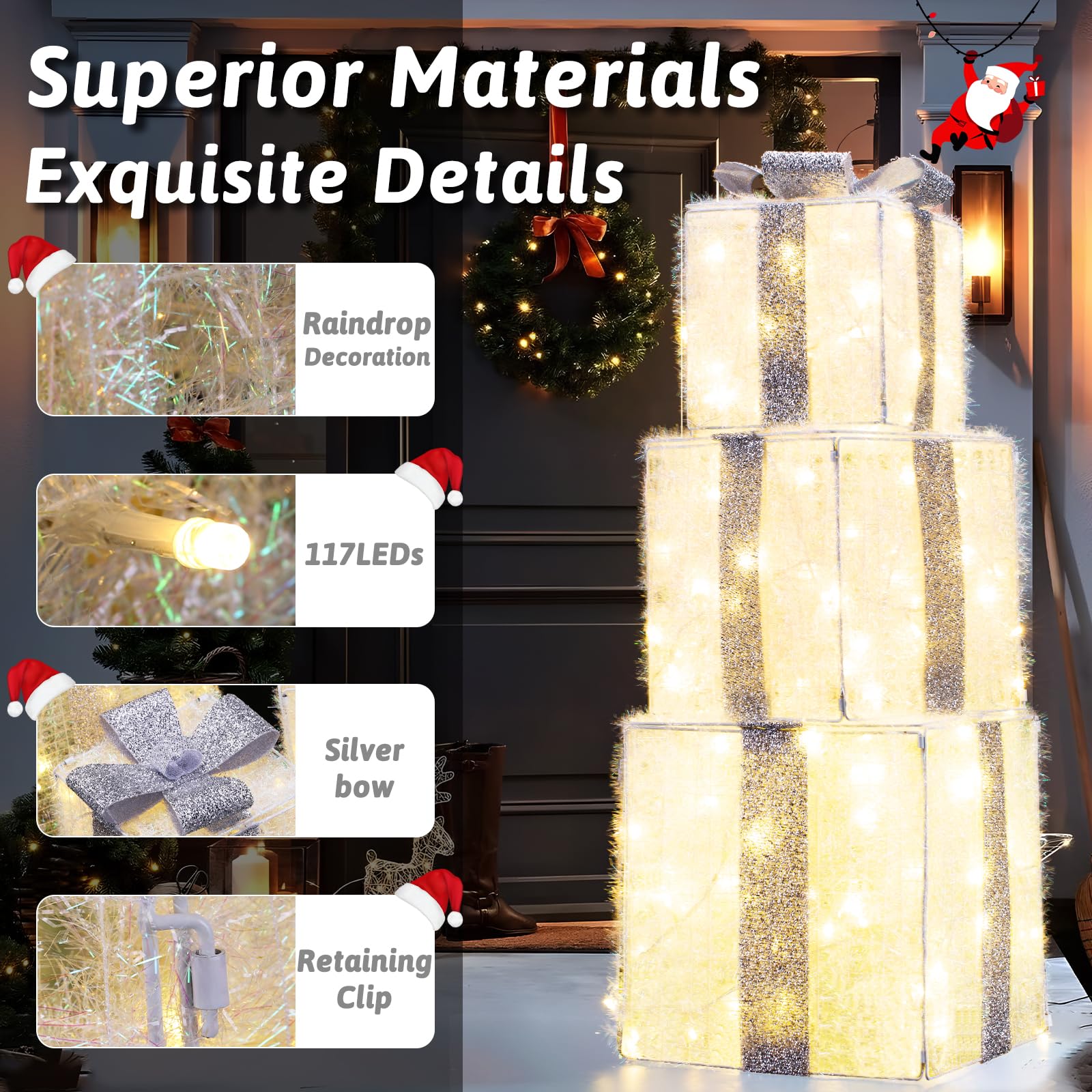 Quntis 3 Set LED Geschenkbox Weihnachtsdeko Innen Strombetrieben | 117 warmweiße LEDs, 30CM Großer beleuchtete Boxen, Lichterdeko Geschenkpakete für Weihnachtsbaum Fensterbank Garten
