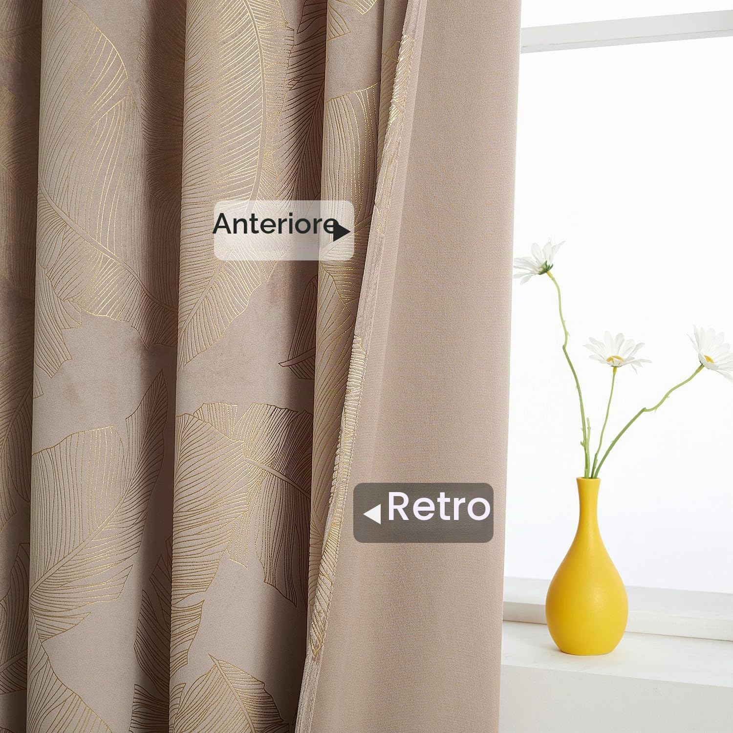 MIULEE Tende Velluto Con Nastro Arricciato, Tenda in Velluto Beige con Motivi di Foglie Oro, Tende Elegante Morbide Oscuranti Isolanti Termiche per Interni Soggiorno e Camera, 2 Pezzi, 140x260 CM