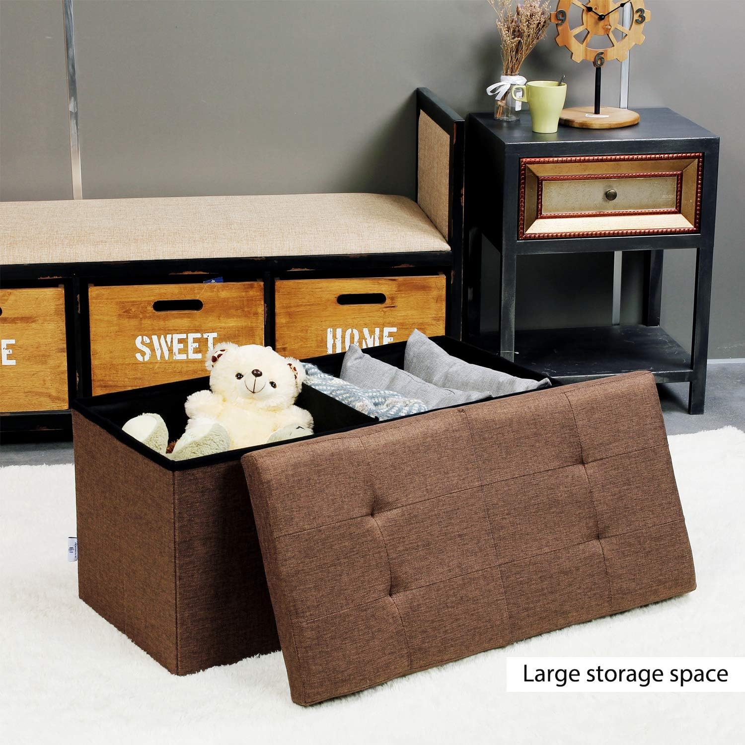 B FSOBEIIALEO Storage Ottoman with Filpping Lids, Ottoman Storage Bench Footrest Seat, Storage Organizer Toy Chest Linen 30"x15"x15" (Brown): Kitchen & Dining