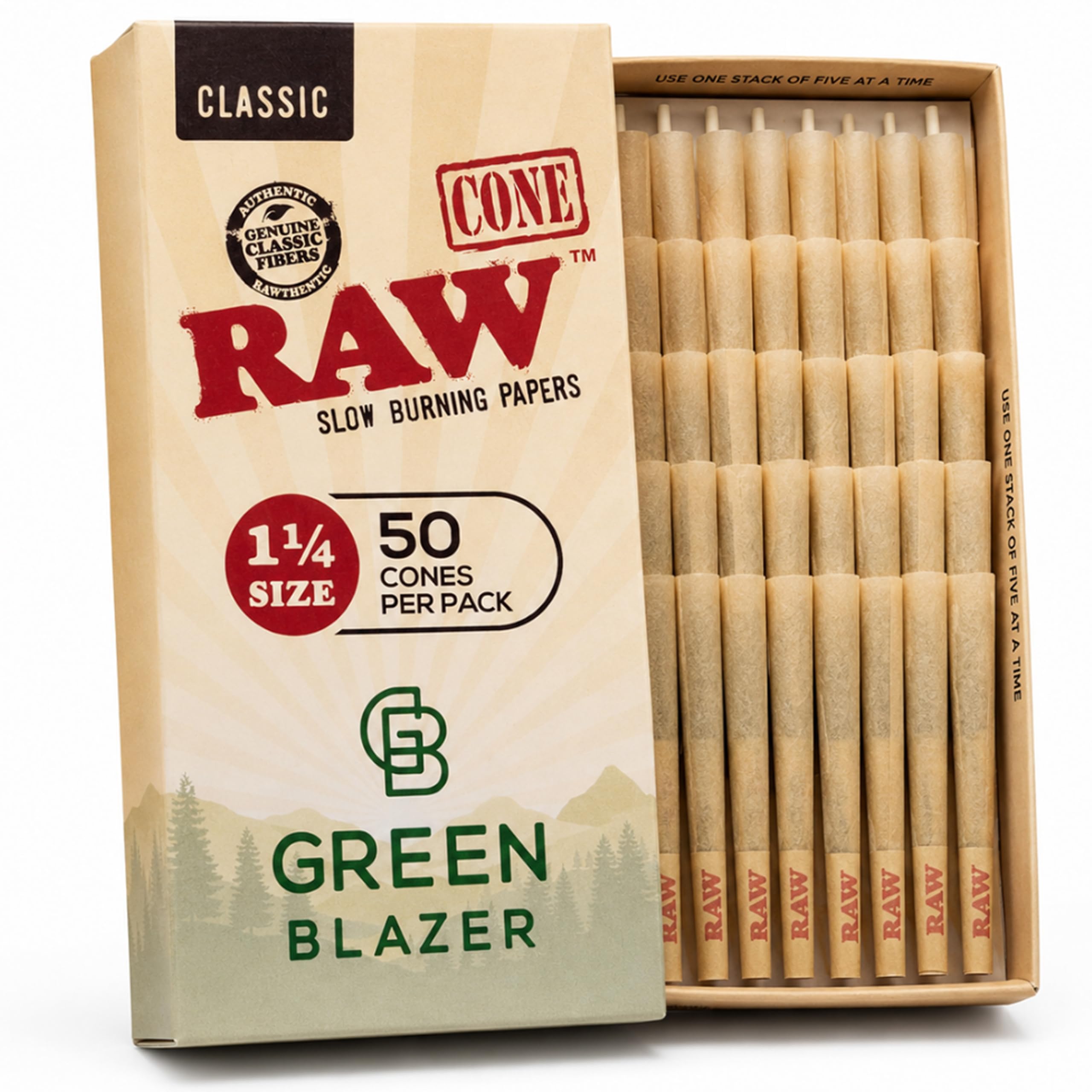 RAW Cones 1 1/4 Classic Size: 50 Pack, Pre Rolled Cones Rolling Paper, 84mm