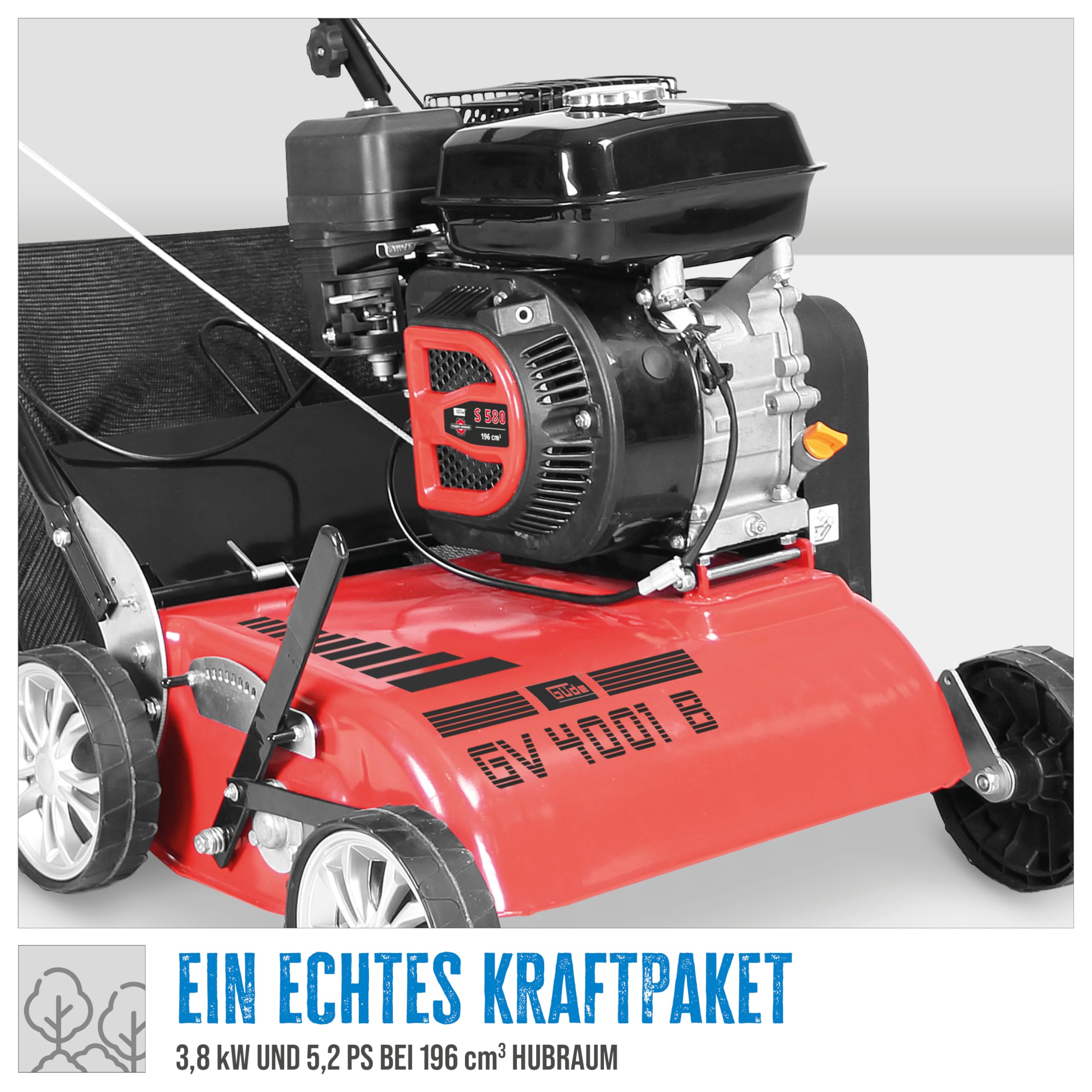 Güde Motor-Vertikutierer GV 4001 B (4-Takt Power-Engine S 580 V, Motorleistung: 3,8/5,2 (kW/PS), Arbeitsbreite: 40 cm, 30l Fangsack, 7-Fach zentrale Arbeitshöheneinstellung, inkl. 2 in 1 Messerwalze)