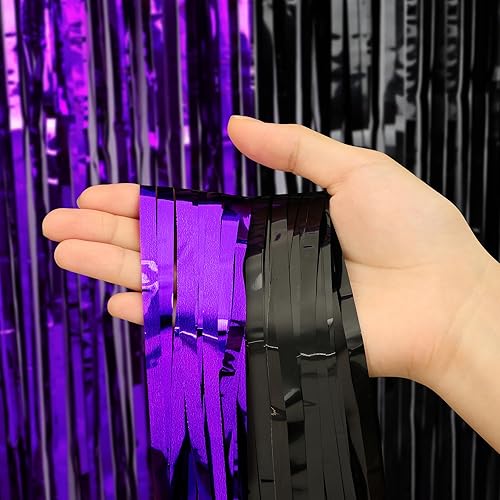 Miniatura 3 de Paquete de 2 cortinas de flecos de aluminio de oropel negro y naranja, cortinas de aluminio metálicas para el hogar al aire libre, fiesta de