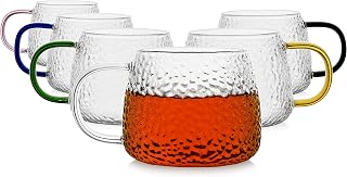 LUXU Hammered Tea Cups,Glass Coffee Mugs,15 oz,Set of 6 | Different Color Handles,Prefect for Cappuccino,Latte,Water,Mocha,Milk,Widely Used for Cafes,Home and Office ﻿
