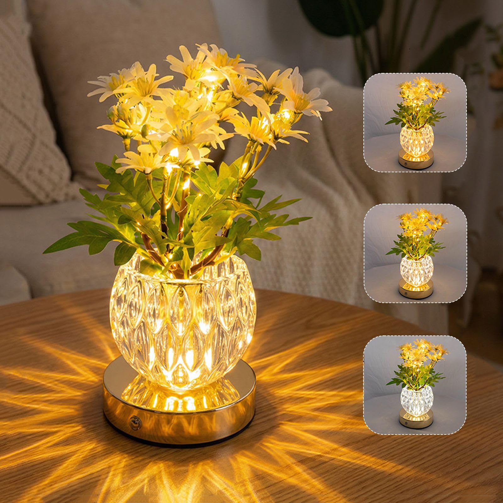 AVEKI Daisy Table Lamp, 3 Color Dimmable Touch Crystal Vase Bedside Light, Rechargeable Cordless Artificial Daisies Flowers Desk Lamp Decor for Date Party Home, Romantic Gift for Woman Mom (Daisy) — image 1