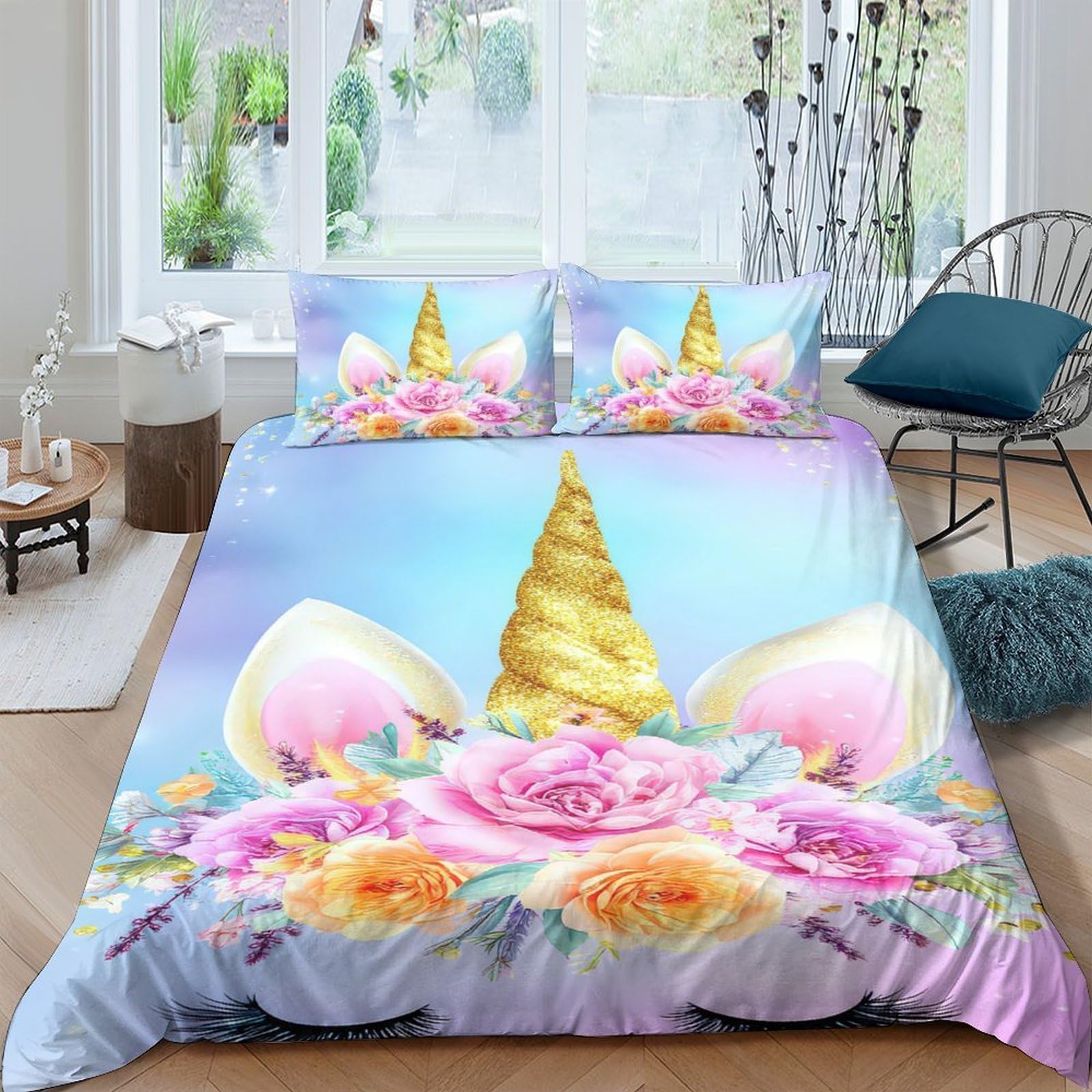 GPLZQXKJNH 3D Printed Unicorn Floral Duvet Cover Microfiber Soft Pastel Bedding Set with 2 Pillowcases for Bedroom Decor Single（135x200cm）