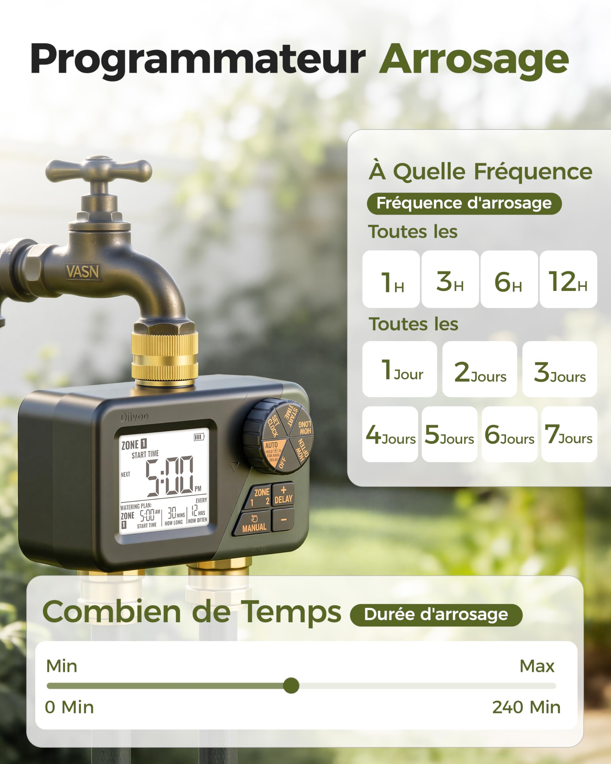 Diivoo Programmateur Arrosage Automatique avec Entrée et Sortie en Laiton, IP66 Minuteur Arrosage avec Grand Écran LCD, Retard de Pluie, Arrosage Manuel pour Pelouse et Jardin