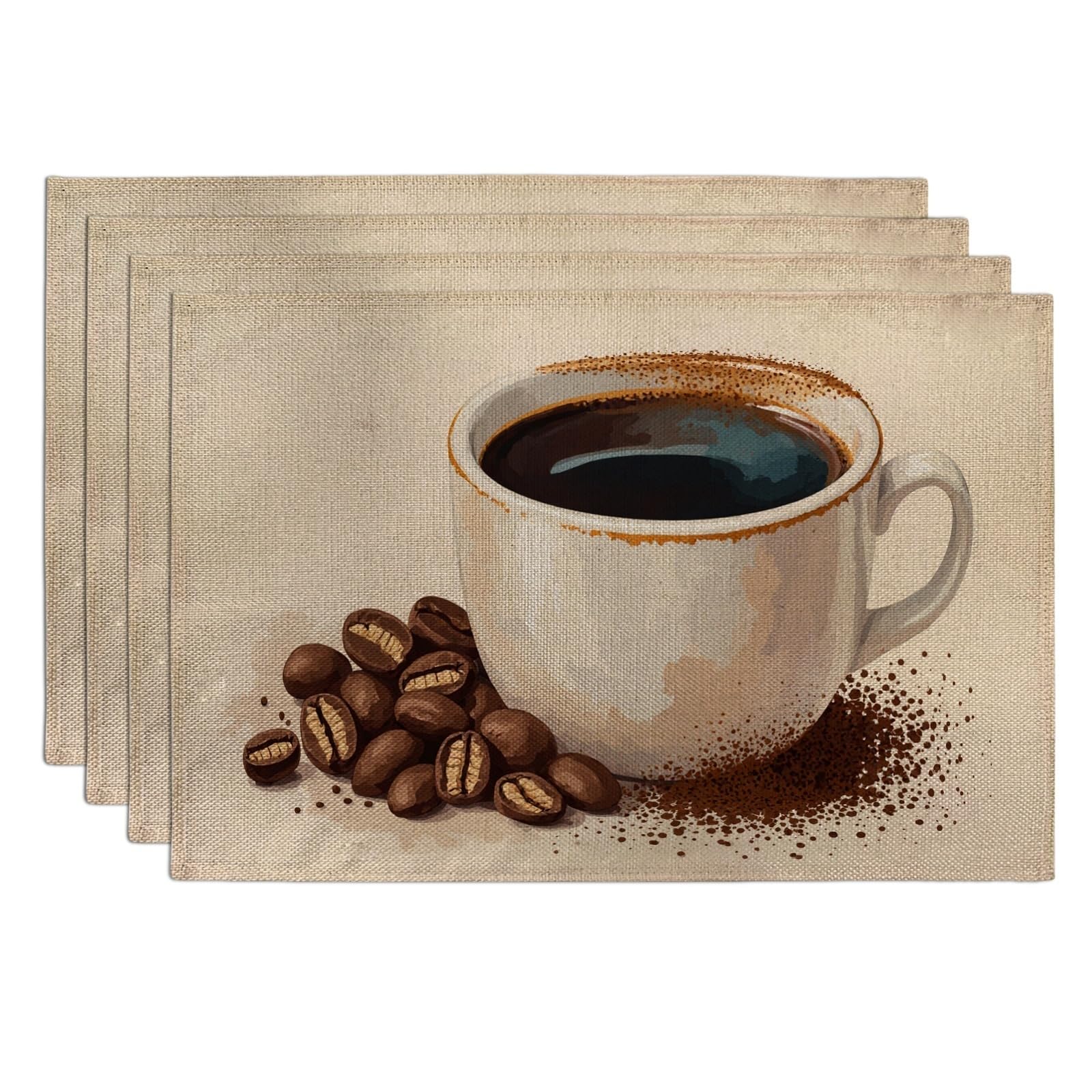 Coffee Cup Placemats, Rustic Vintage Coffee Beans Table Mats for Dining Table, Everyday Non-Slip Washable Indoor Outdoor Kitchen Party Decorative Placemat Set of 4