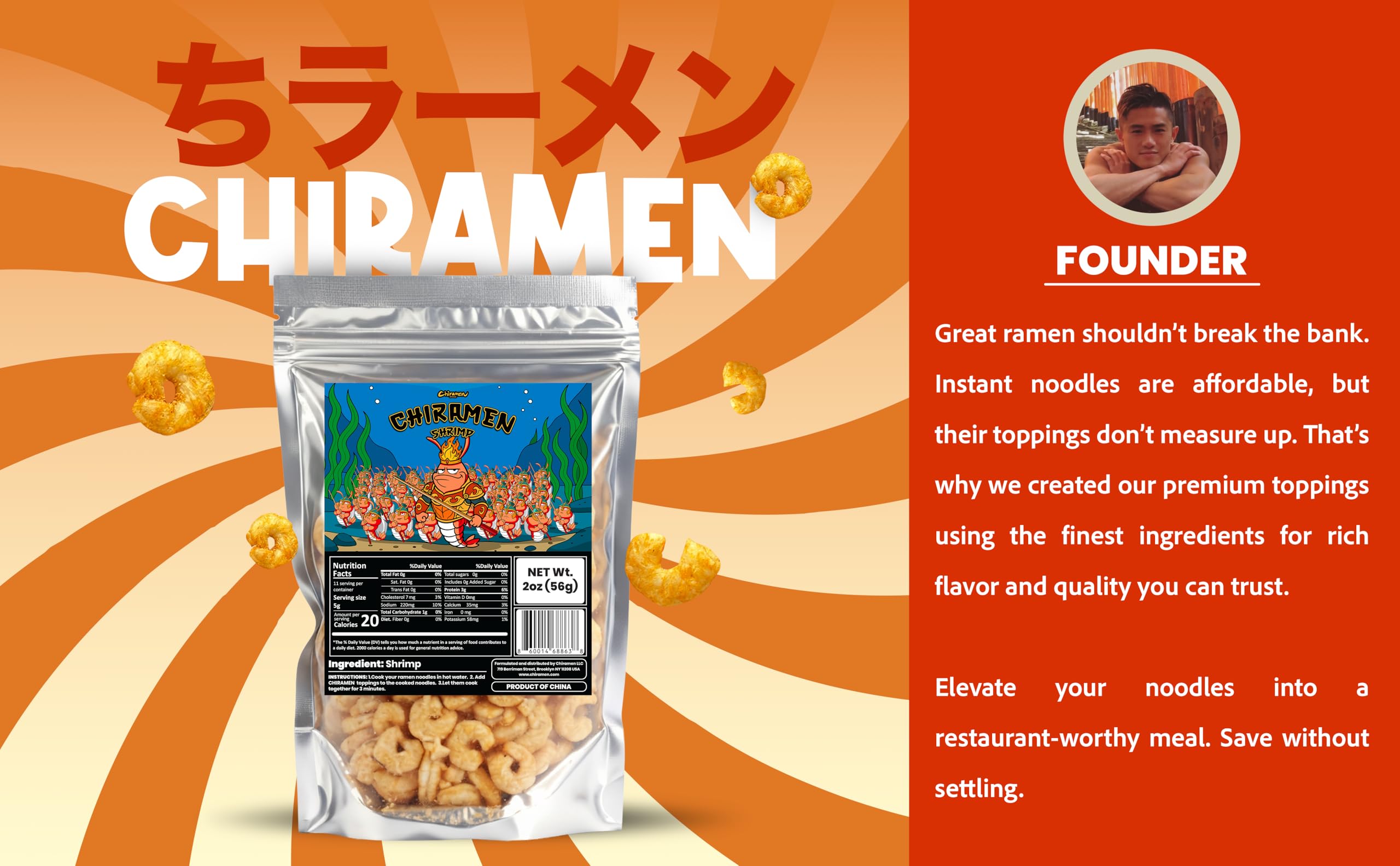 CHIRAMEN Freeze Dried Shrimp Ramen Toppings – Real Cooked Shrimp for Ramen, Cup Noodles, Soup & Instant Noodle Bowls – Easy Seafood Add-On for Ramen, Fried Rice & Asian Dishes