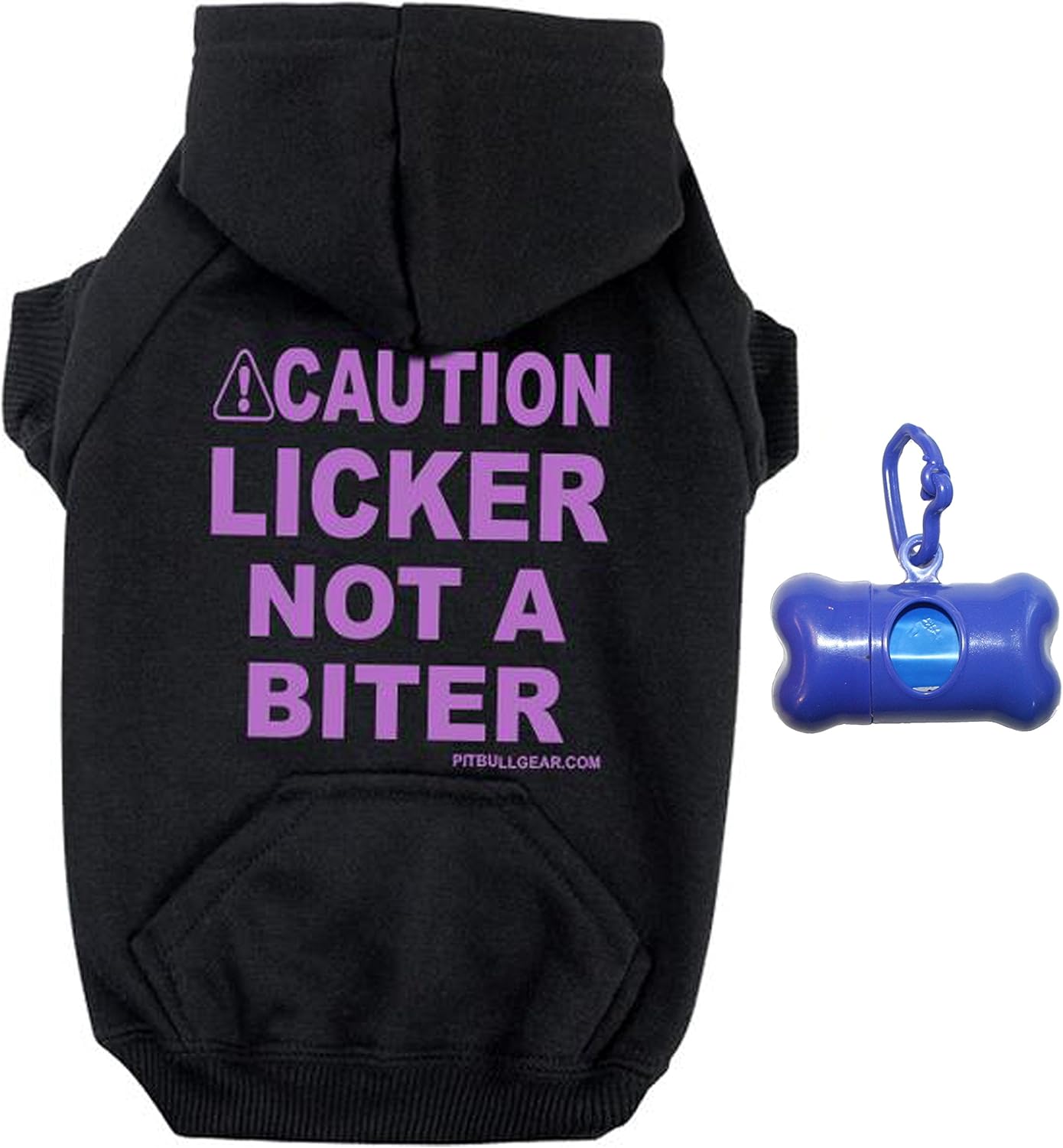 Caution Licker Not A Biter Zipper Dog Hoodie & Poop Bag Holder Multi-Pack Set (Large, Pink/Black)