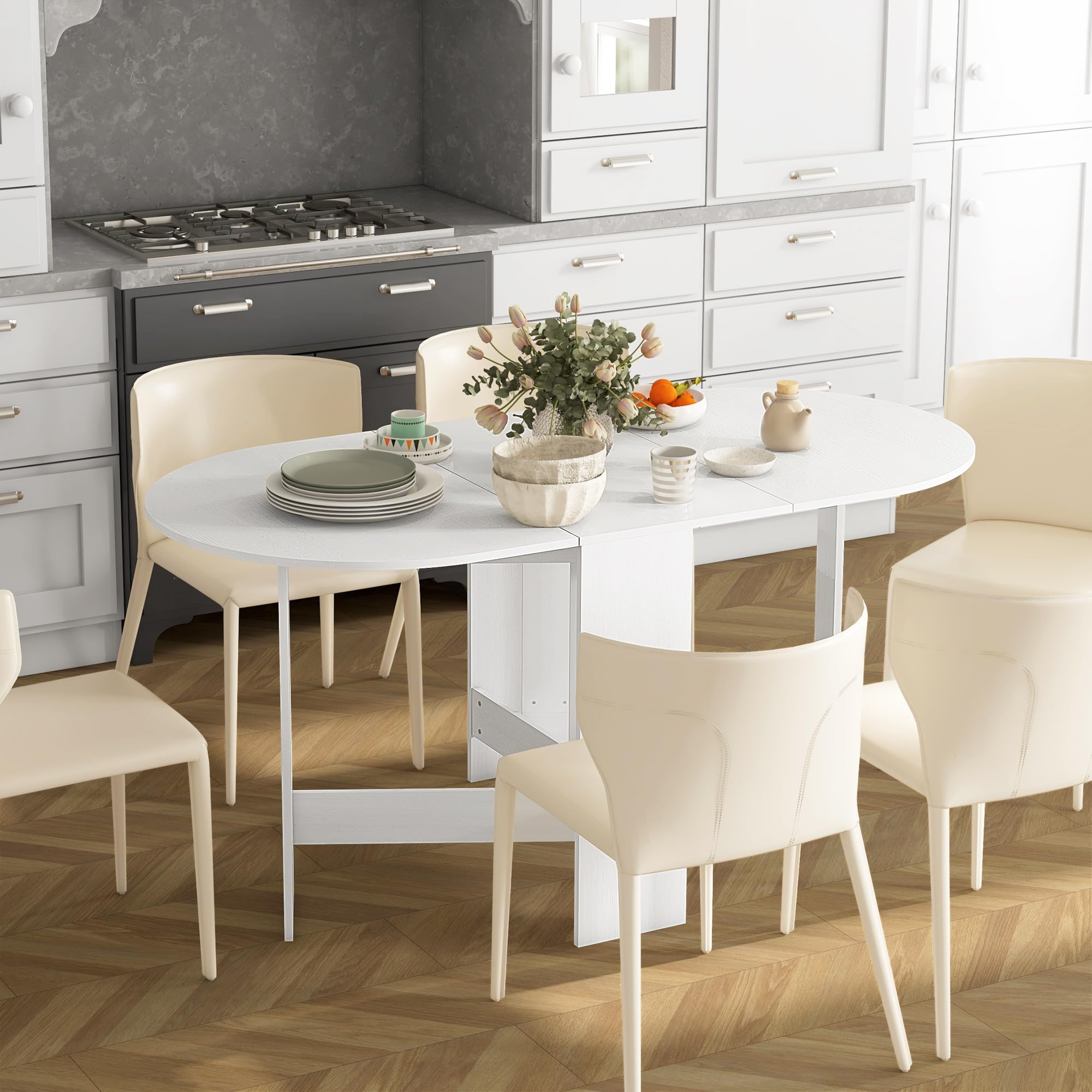 HOMCOM Tavolo da Pranzo Pieghevole, 163x80 cm Scrivania Richiudibile Salvaspazio con 2 Ribalte Ovale per 6 Persone, Tavolo Cucina a Ribalta, Ideale per Soggiorno, Casa, Ufficio, Bianco