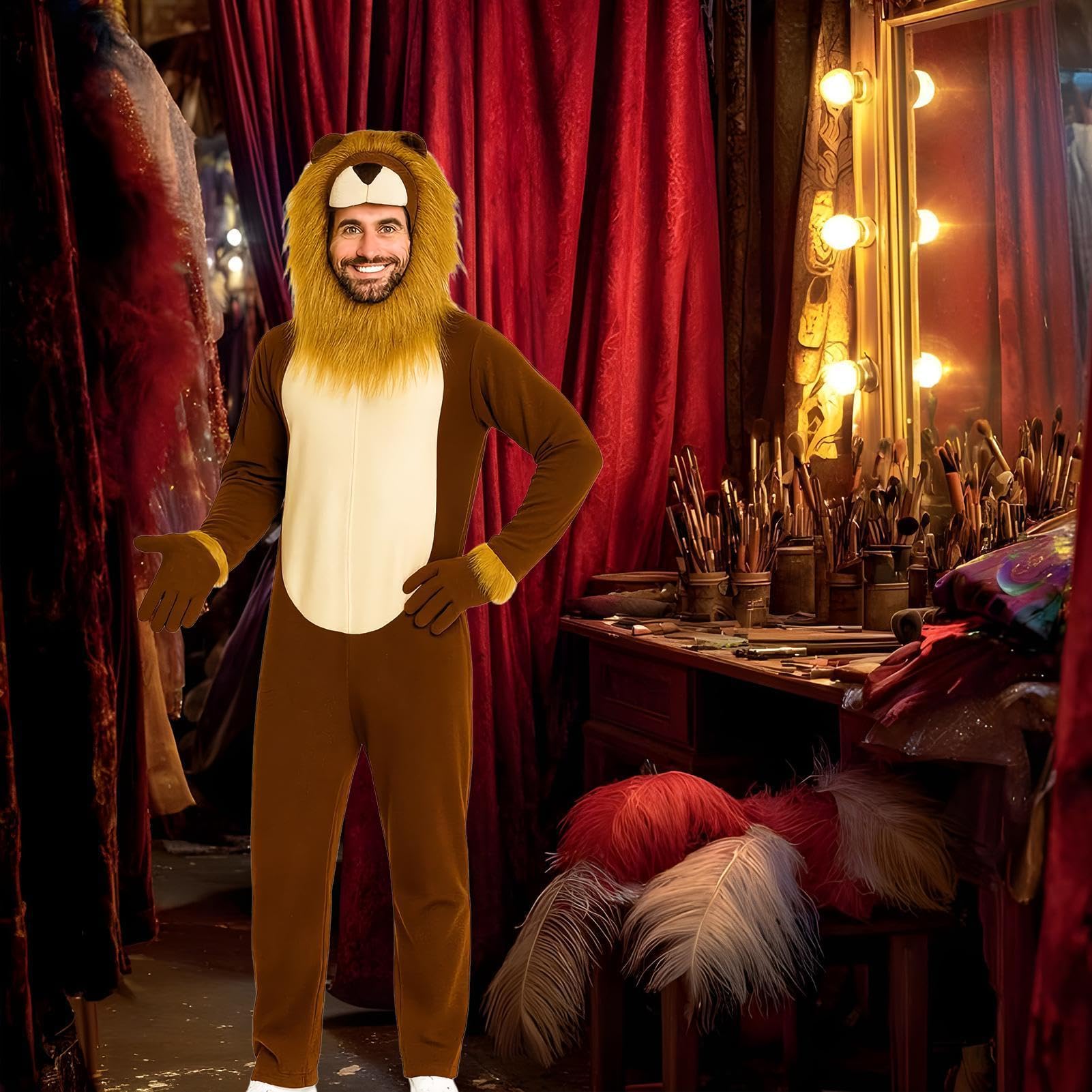 Onesie Lew Realistyczny Kombinezon Zwierzęcy | Lew Strój Halloween Dla Mężczyzn na Imprezę Halloweenową, Event Cosplay, Produkcję Teatralną, Przedstawienie Szkolne,