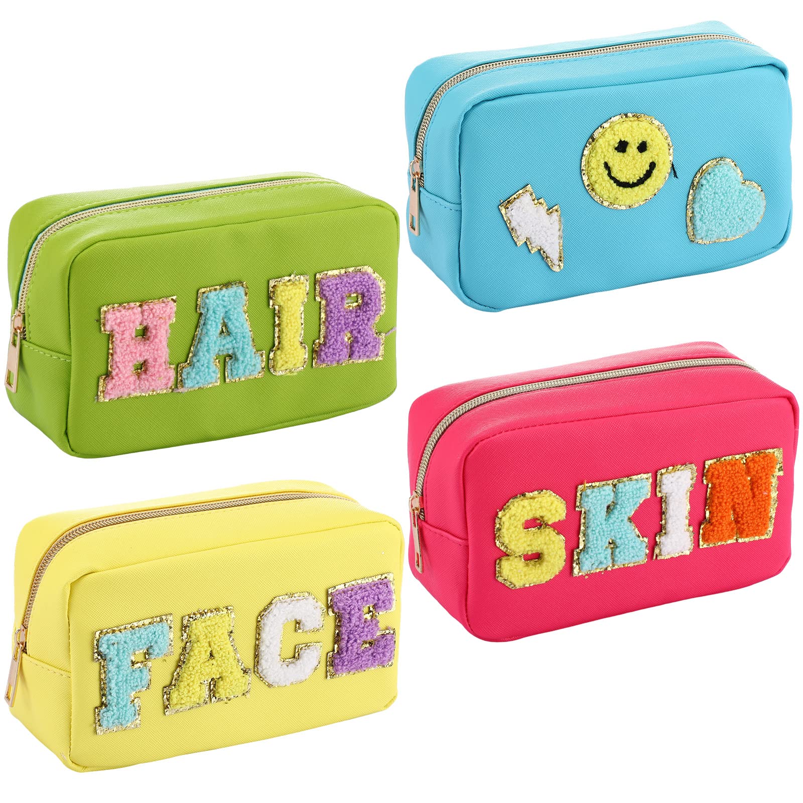 Sanwuta 4 Pcs Chenille Bag Preppy Patch Makeup Bag Cosmetic Bag Chenille Letters Toiletry Bag PU Leather Waterproof Portable Pouch Travel Organizer, Yellow, Blue, Green, Rosy, Fresh Style