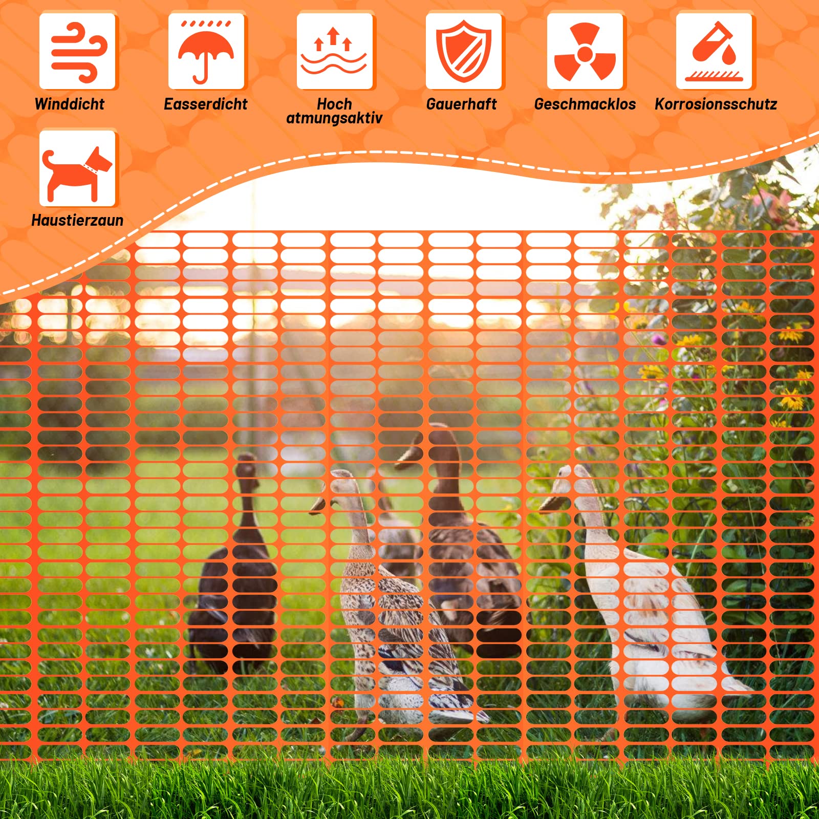 Schutznetz aus Kunststoff, Warnnetz, Auffangnetz Bauzaun Fangzaun Wildzaun Fangnetz, Rolle, Orange, 1 m x 50 m