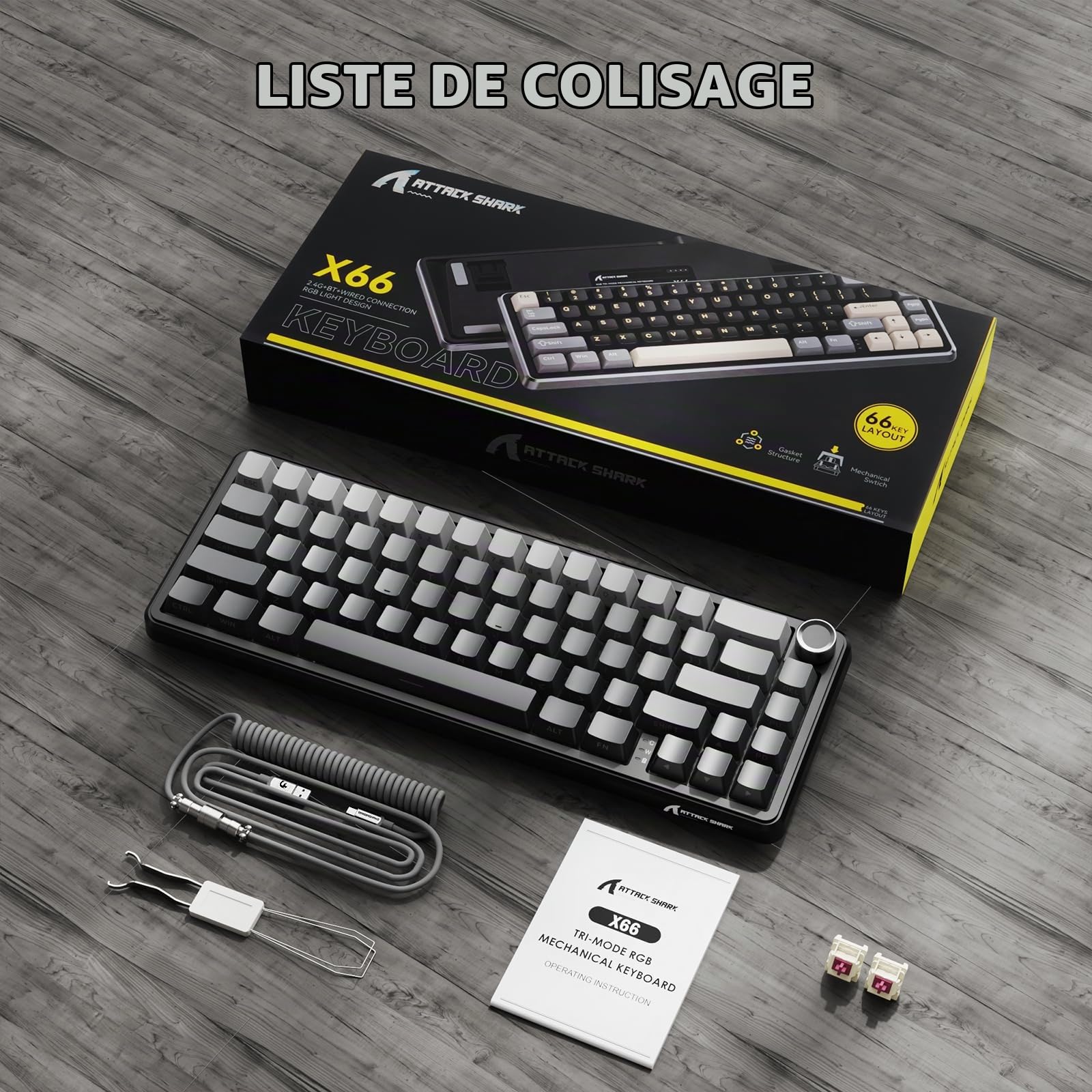 LexonElec x Attack Shark X66 60% Clavier Mécanique sans Fil avec Bouton de Volume, Hot-Swap Switch Linéaire, 2.4G/USB-C/BT5.0, QWERTY PBT Keycaps, Mini Clavier de Jeu 66 Touches RGB pour Win/Mac-Gris