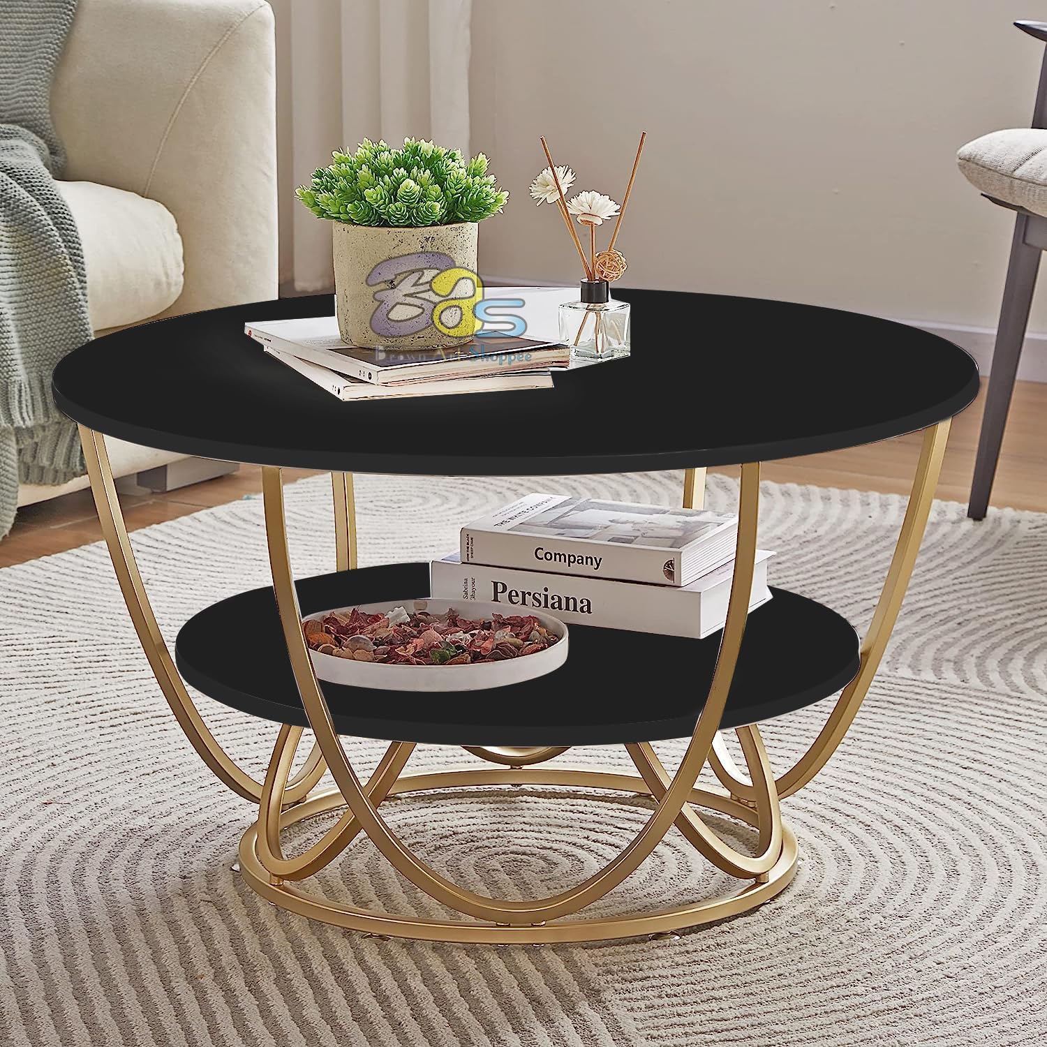 Round Gold Coffee Table,2 Tier Coffee Tables for Living Room,Circle Coffe Table with Storage Modern Center Tea Table Wooden Faux Marble Top Metal Legs Accent Table (Gold Black)