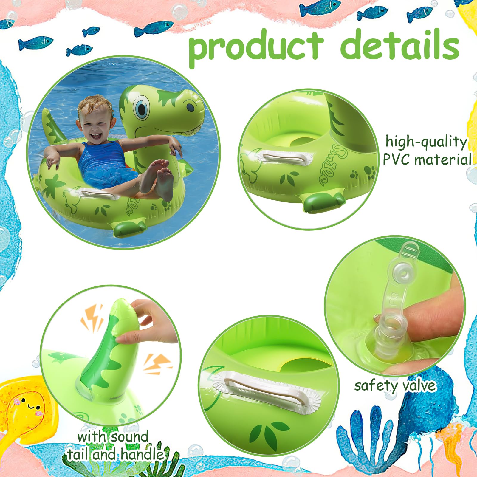 Pool Inflatables for Kids Inflatable Pool Floats f, Dinosaur Baby Swimming Float with Sound Tails and Handle - Image 3