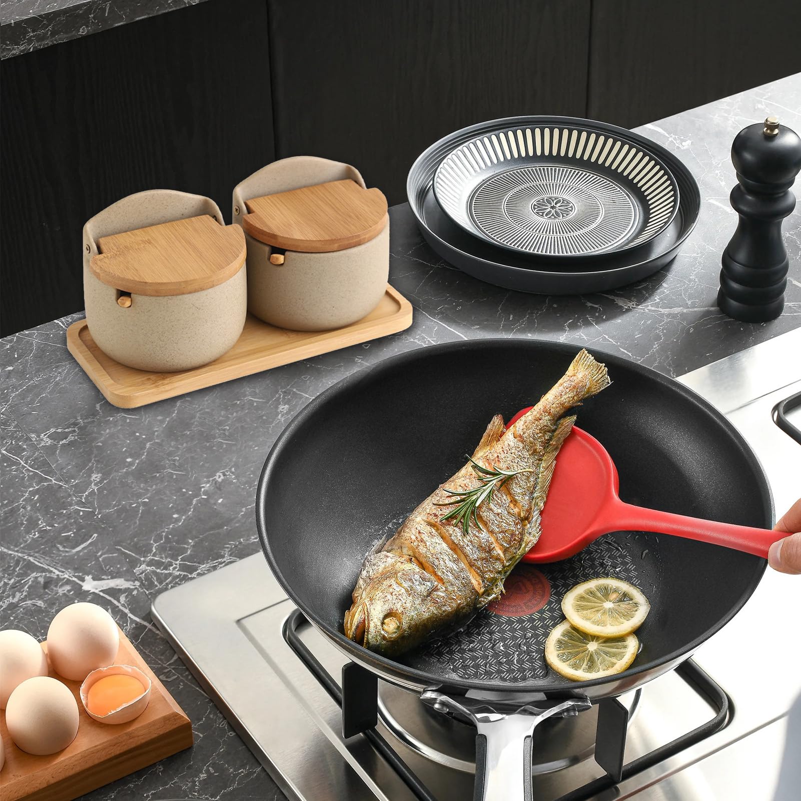 Cellar di Sal - Juego de tarros de cerámica de 22,8 x 10,8 cm, recipiente para tapa de madera, organizador de despensa | Cocina de doble compartimento con cuchara incluida, tarros de especias para