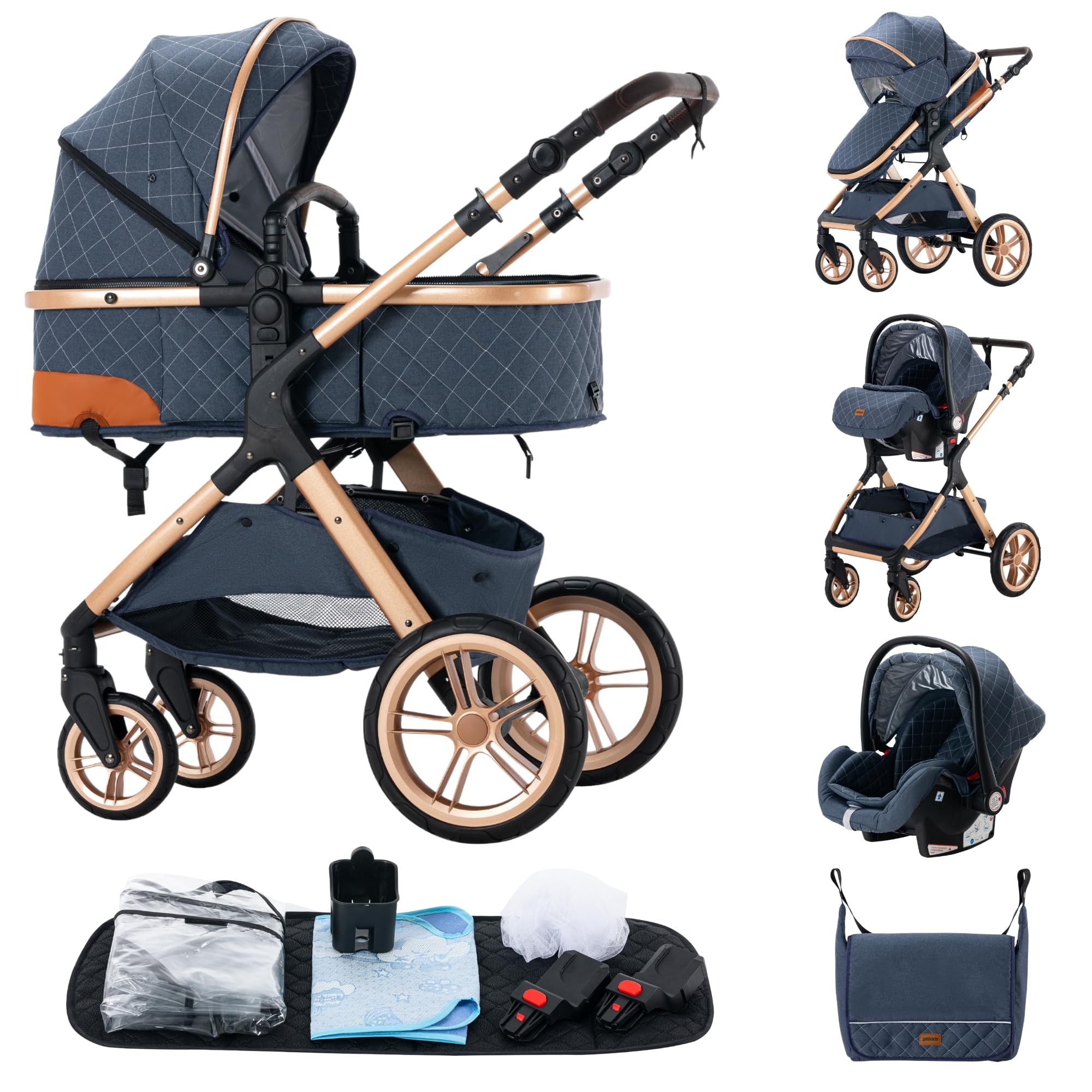 ALYIKOU trio passeggino neonati in offerta, passeggino trio, passeggino 3 in 1, pneumatici in gomma, con accessori, Gondola, Adaptateurs, 25 kg