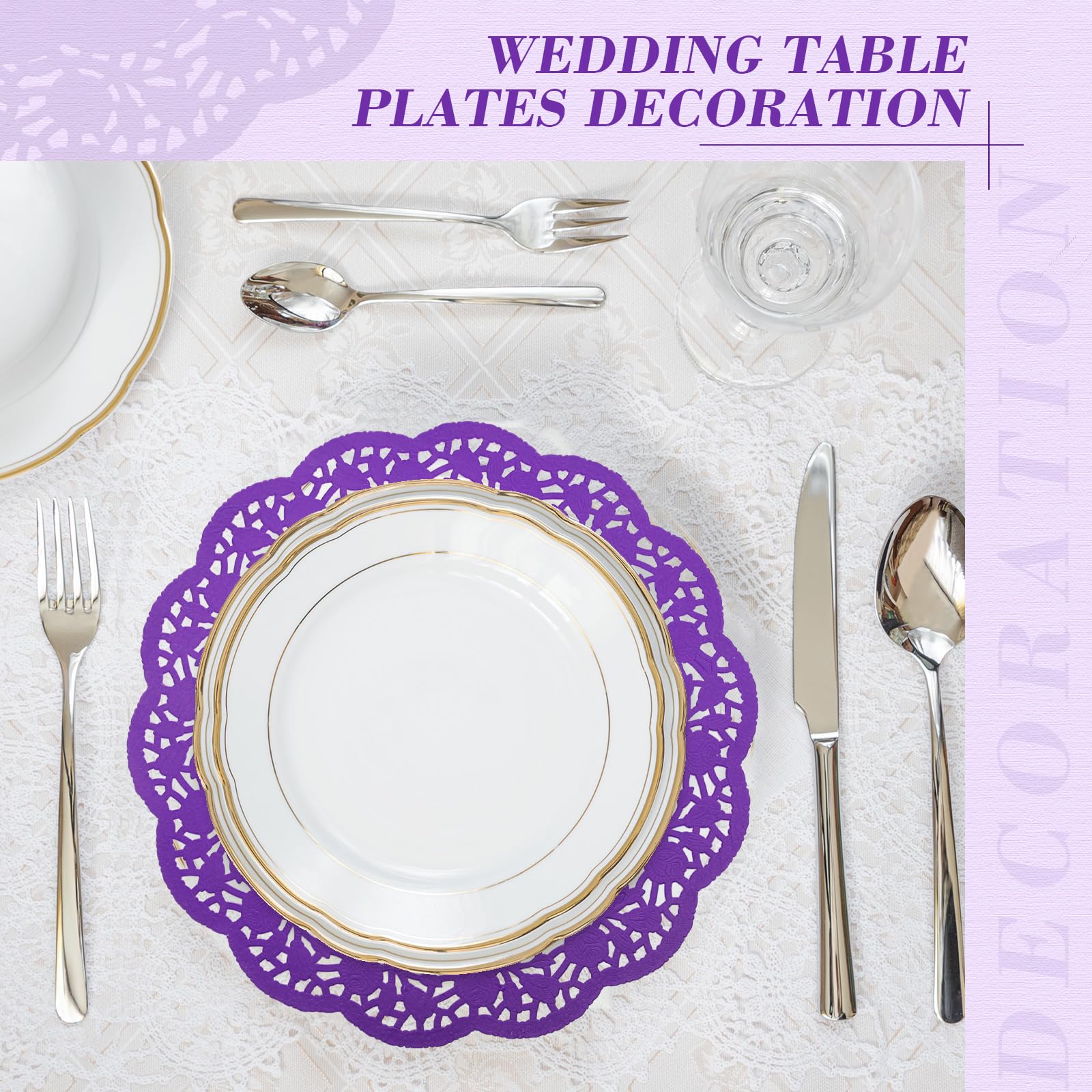 Yexiya 200 unidades de blondas de papel de encaje desechables de papel de aluminio de encaje, manteles individuales para pasteles, manualidades, decoración de bodas (morado, redondo)