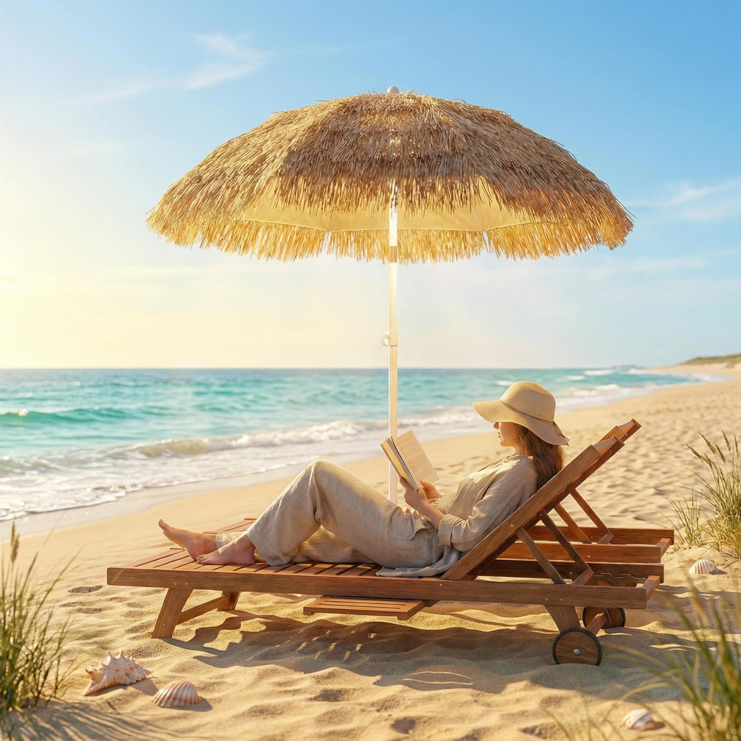 Kingsleeve® Sonnenschirm Hawaii Ø160cm Neigbar Höhenverstellbar UV Schutz 30+ Groß Rund Balkon Strand Strohschirm Strandschirm Bast Hawaiischirm Braun