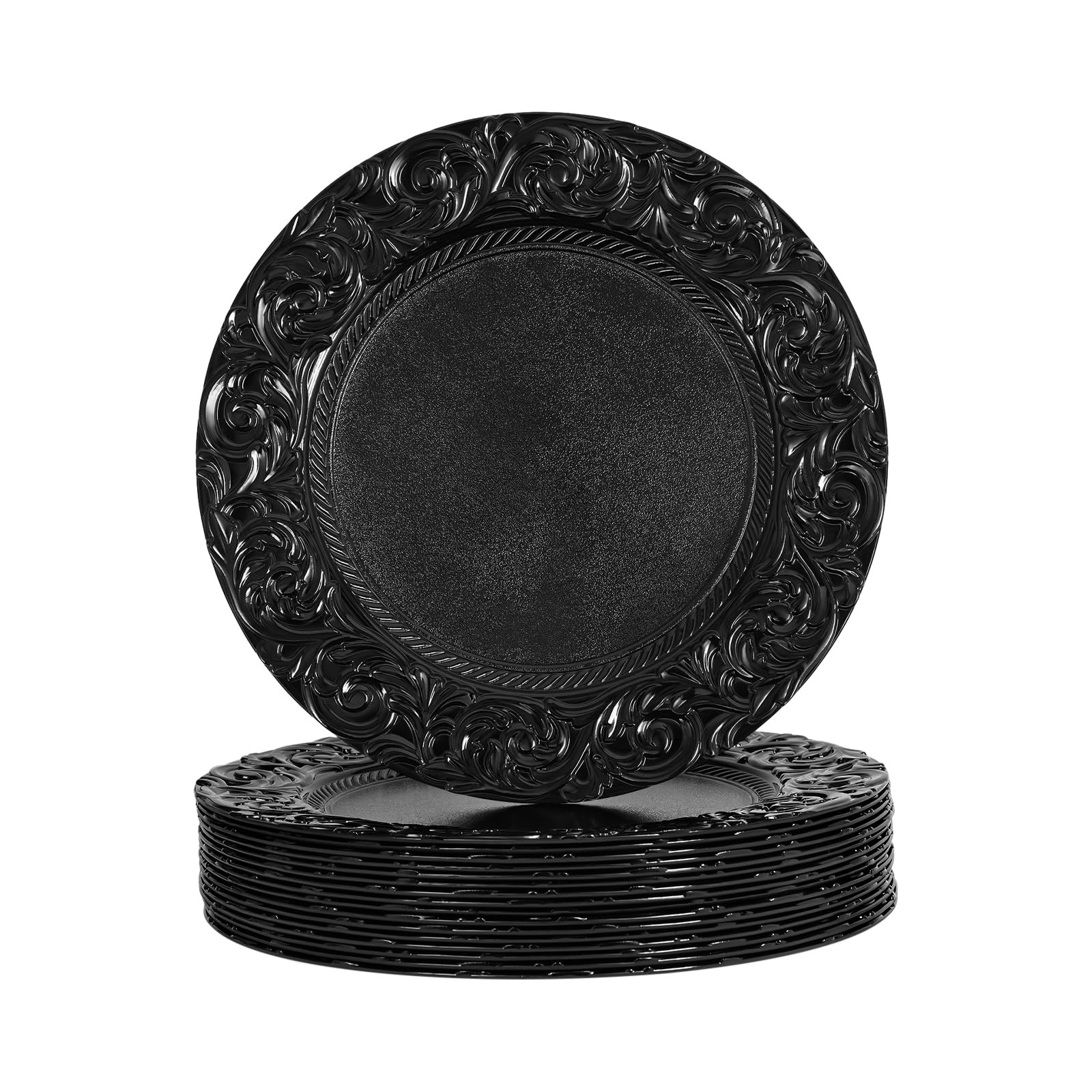 NTNOEA Antique Charger Plates, Bulk 13'' Plastic Embossed Dinner Plate Chargers Round Floral Plates for Wedding Decorative Chargers for Table Dinner Kitchen Party Decoration (Black,150 Pcs)